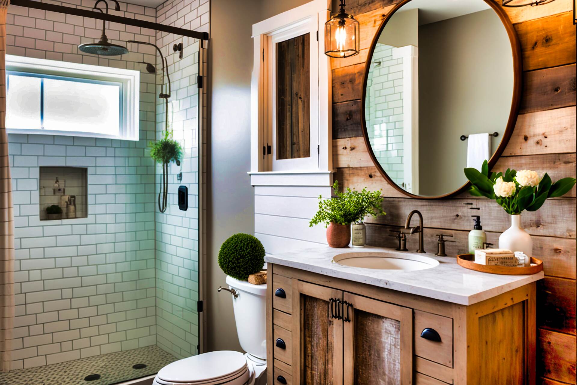 A Modern Bathroom With A Rustic Aesthetic. The Space Features A Reclaimed Wood Vanity With A White Sink And A Large Round Mirror. The Shower Has A Glass Partition And A Rainfall Showerhead. The Floors Are A Light Wood-Look Tile, And The Walls Are White Subway Tile With A Reclaimed Wood Accent Wall.