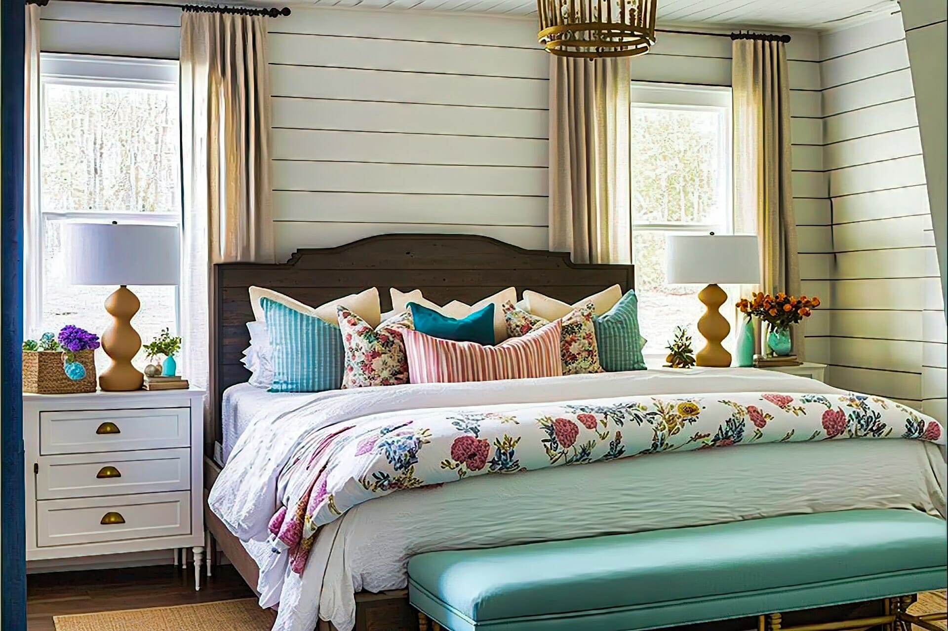 Cottage Style Bedroom With Shiplap Walls And A Rustic Wood Plank Ceiling. A Plush King Size Bed With A Distressed White Headboard Is The Centerpiece Of The Room, And A Collection Of Colorful Throw Pillows Add A Playful Touch. A Pair Of Matching White Nightstands With Brass Lamps Flank The Bed, And A Wooden Bench At The Foot Of The Bed Provides Additional Seating. A Woven Area Rug In Neutral Tones Anchors The Space, And A Vintage Ladder Serves As A Unique Bookshelf. A Set Of French Doors Lead Out To A Balcony Overlooking The Garden.