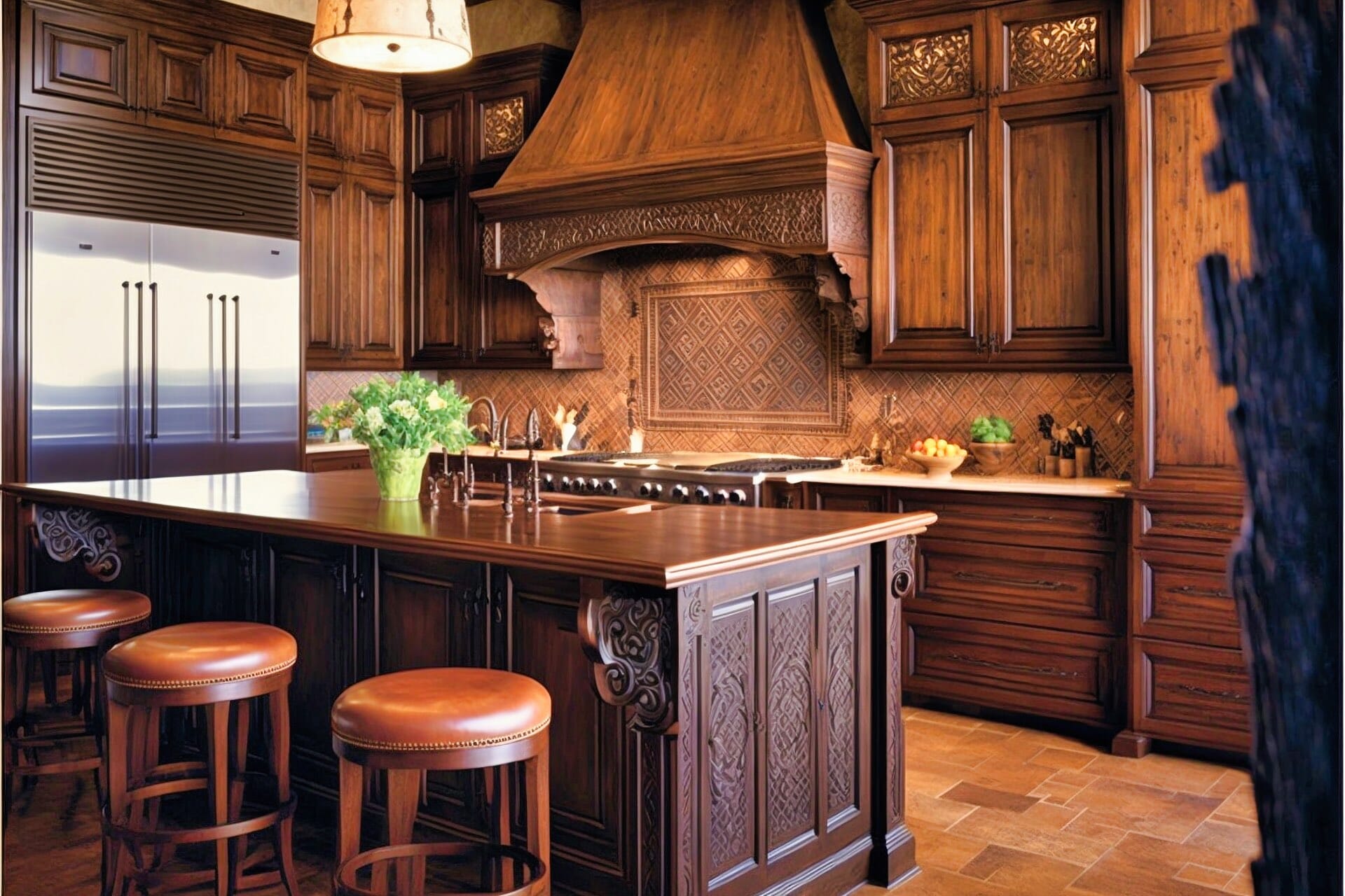 This Grand Kitchen Features A Rustic Design With Sophisticated Flair. Dark Oak Cabinetry Is Complemented By A Decorative Tile Backsplash And Expansive Island, Providing Considerable Space For Culinary Pursuits.