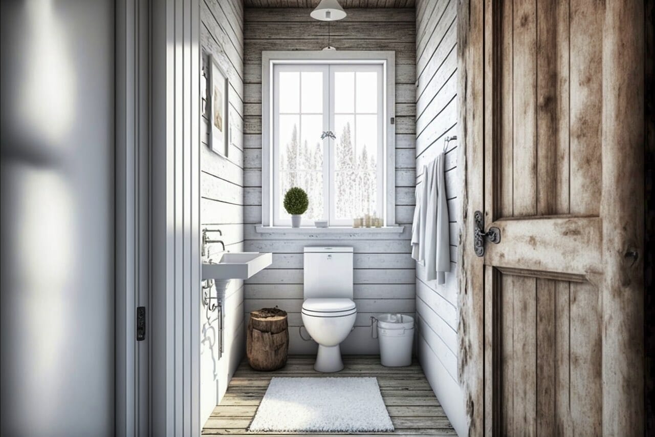 Scandinavian Bathroom: A Rustic And Cozy Bathroom With White Washed Walls, Wood Floors, And Natural Wood Accents. A Sleek White Sink With A Chrome Faucet Is Centered In The Room And A Modern White Toilet Rests Against The Wall.