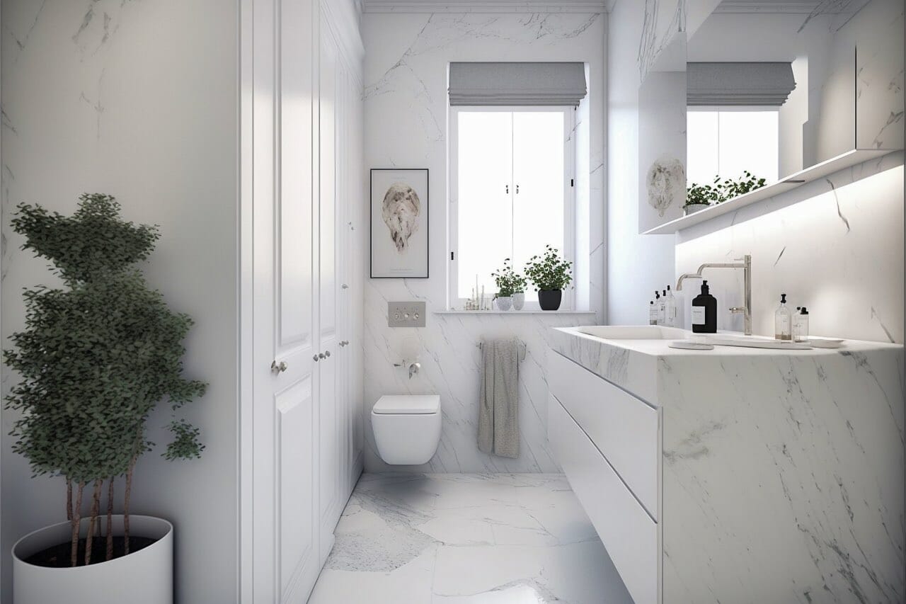Scandinavian Bathroom: A Chic And Minimalist White-Washed Bathroom With White Marble Tile Floors And Countertops, Sleek Chrome Fixtures, And White Cupboards. A Modern Floating Toilet With A White Porcelain Bowl.