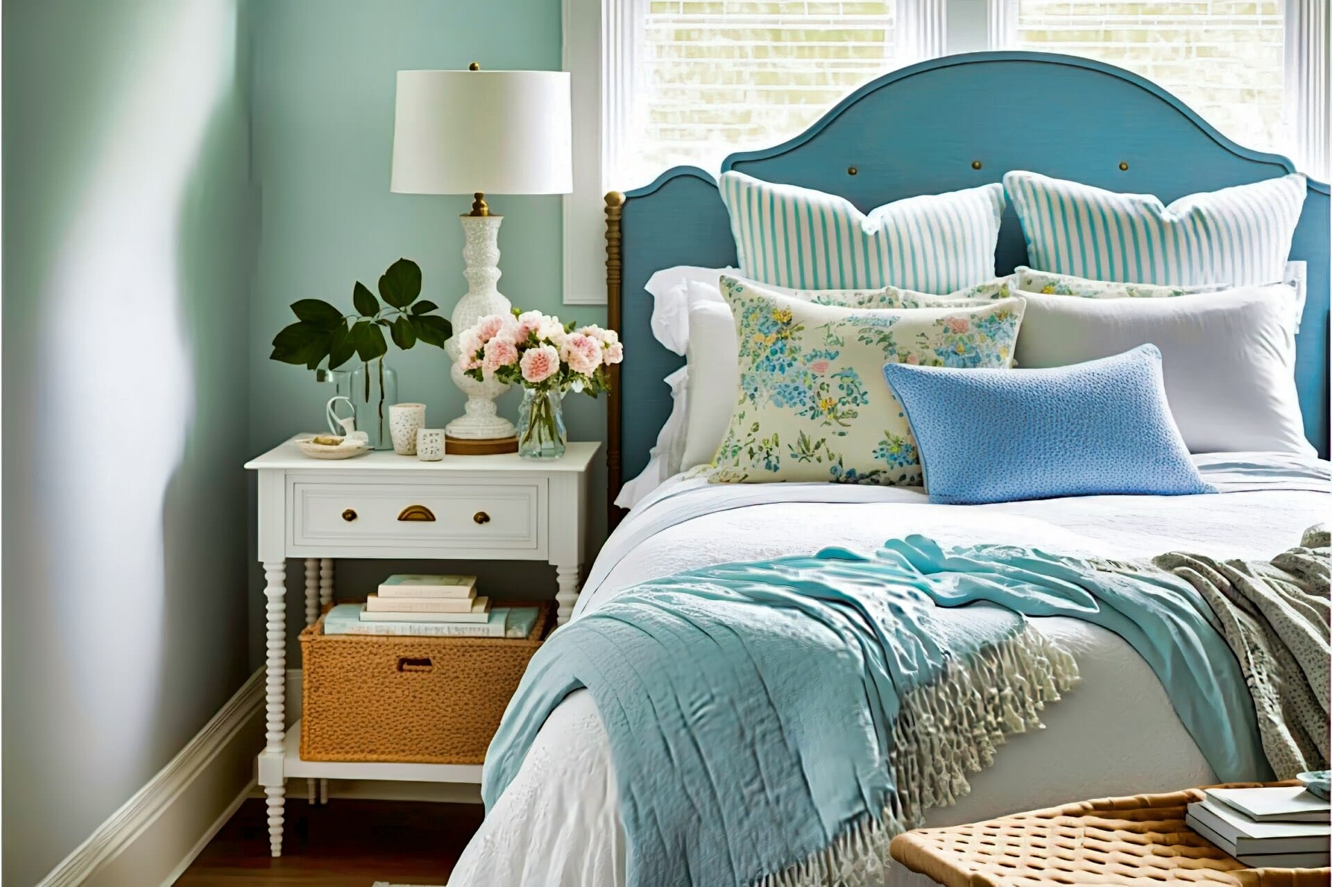 Cottage Style Bedroom With A Serene And Peaceful Feel, Thanks To The Light Blue Walls And Calming Decor. A Full Size Bed With A Simple White Headboard Is Dressed In A Crisp White Comforter, And A Collection Of Patterned Throw Pillows Add A Pop Of Color. A Matching White Nightstand With A Blue Lamp Sits Beside The Bed, And A Wicker Armchair With A Fluffy Cushion Provides A Cozy Seating Option. A Braided Rug In Shades Of Blue And White Anchors The Space, And A Collection Of Framed Beach Scenes Adds A Touch Of The Coast.