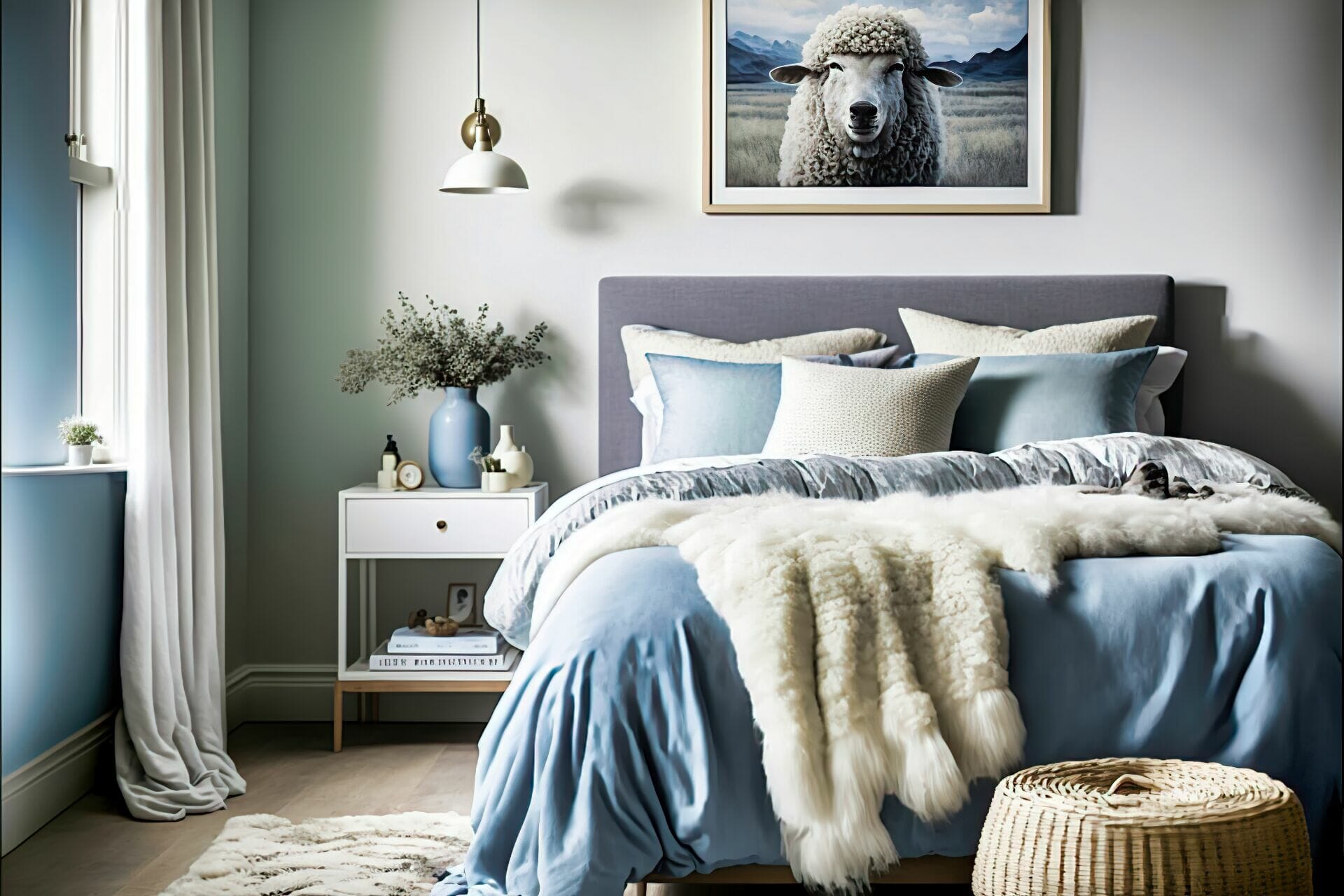 A Scandinavian Style Bedroom With Soft Blues And Greys – This Calming Bedroom Is Decorated With Shades Of Soft Blue, Grey, And White. The Walls Are A Light Blue, While The Bed Frame And Nightstand Are A Grey Wood. To Complete The Look, A White Sheepskin Rug Lies On The Floor, And Various Art Prints Hang On The Walls.