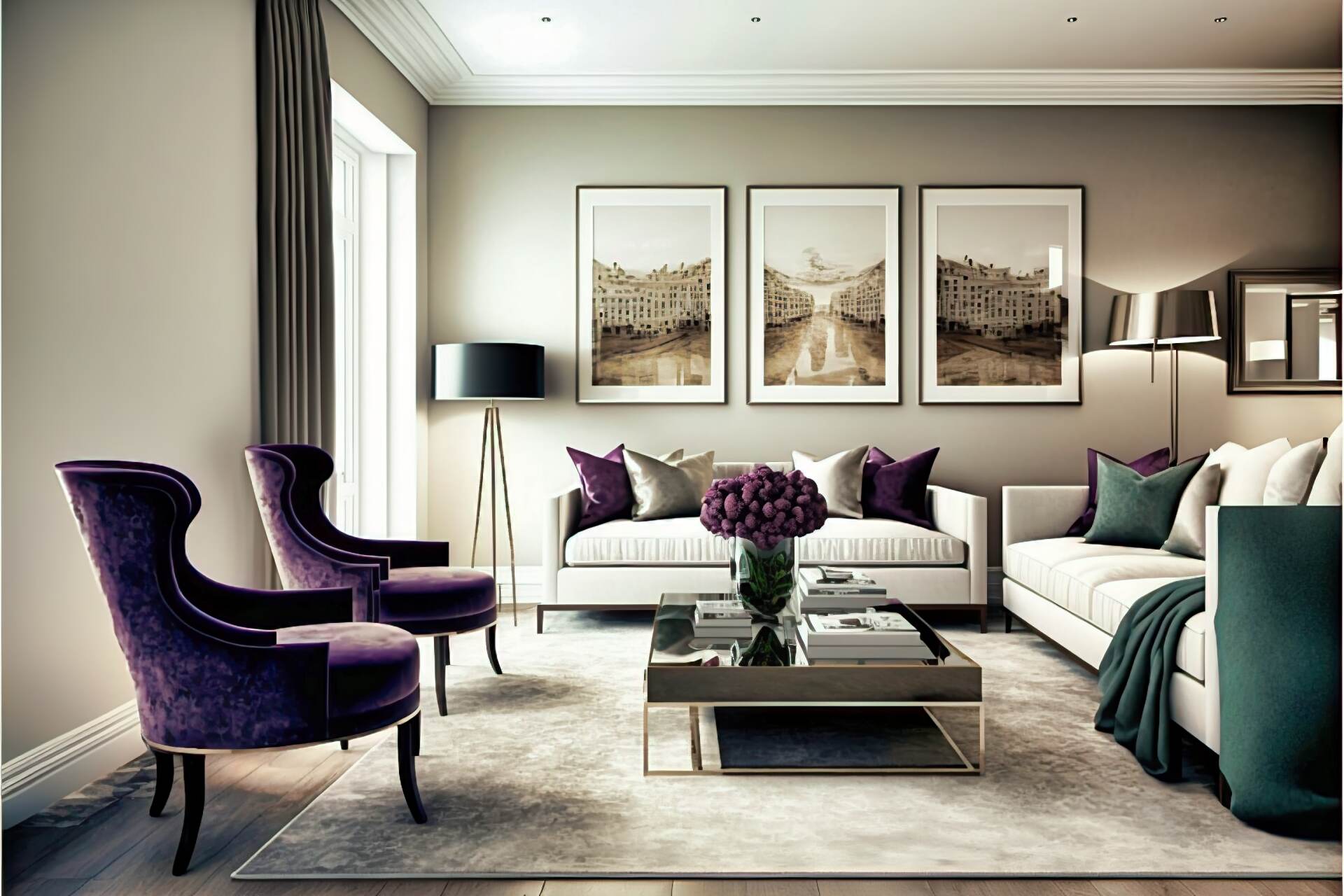 This Elegant Modern Living Room Features A Simple And Sophisticated Color Palette. A Plush Velvet Sofa And An Armchair Provide Comfortable Seating, While A Sleek Coffee Table And A Modern Rug Complete The Look. A Few Interesting Art Pieces And A Large Wall Mirror Add An Elegant Touch To The Room.