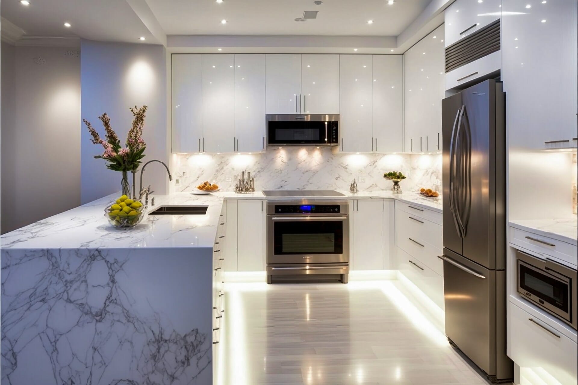 This Design Showcases A Sleek And Modern Kitchen With Glossy White Cabinetry, Marble Countertops, And Stainless Steel Appliances. The Marble Backsplash Adds An Elegant Touch, While The Under-Cabinet Lighting Completes The Look.