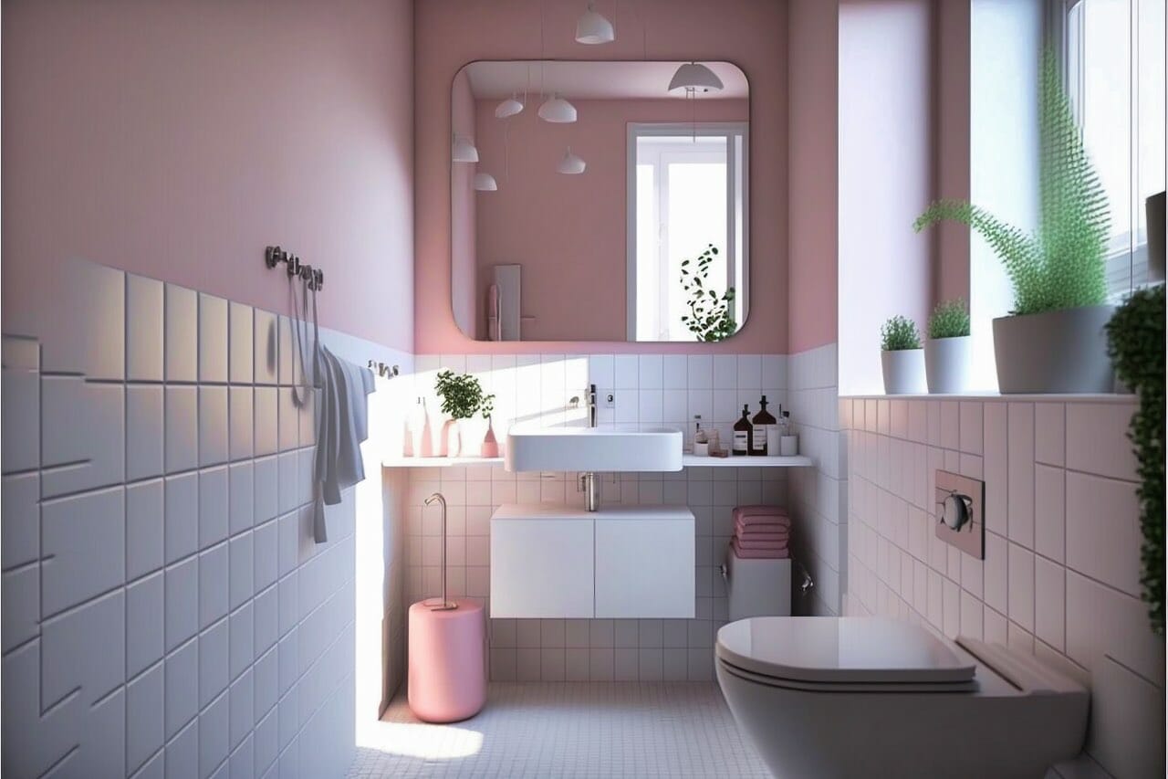 Scandinavian Bathroom: A Feminine And Light Bathroom With Pale Pink Walls And White Tile Floors. A Sleek White Sink With A Chrome Faucet Is Centered In The Room And A Modern White Toilet Rests Against The Wall.