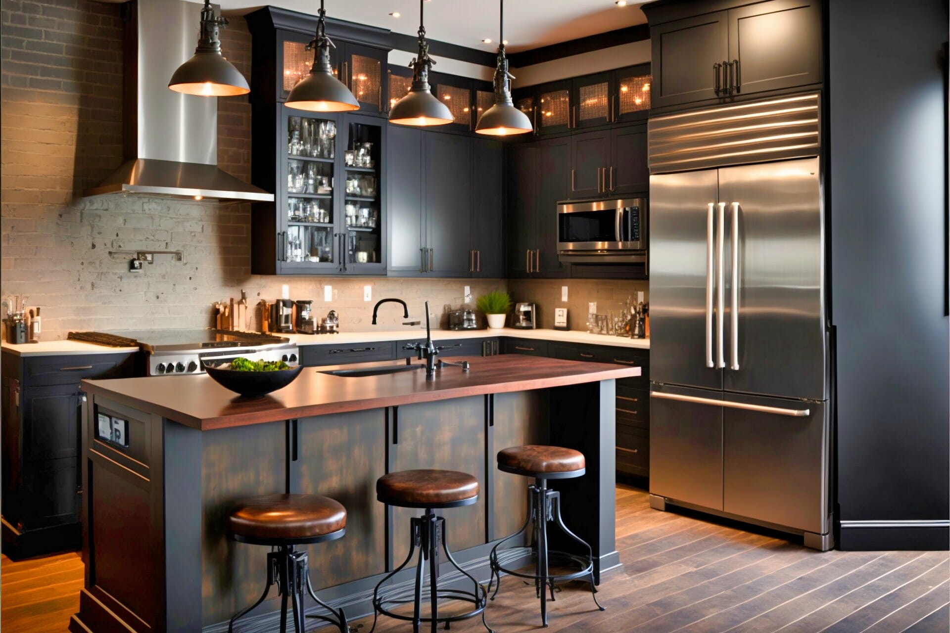 Sophisticated Industrial Black And Brown Kitchen
