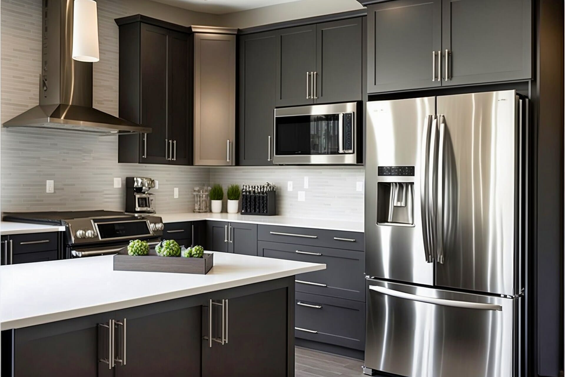 This Sophisticated And Modern Kitchen Features Dark Grey Cabinetry And White Countertops, Creating A Sleek And Modern Atmosphere. The Stainless Steel Appliances Add A Contemporary Touch, While The White Backsplash And Warm Wood Accents Complete The Look.
