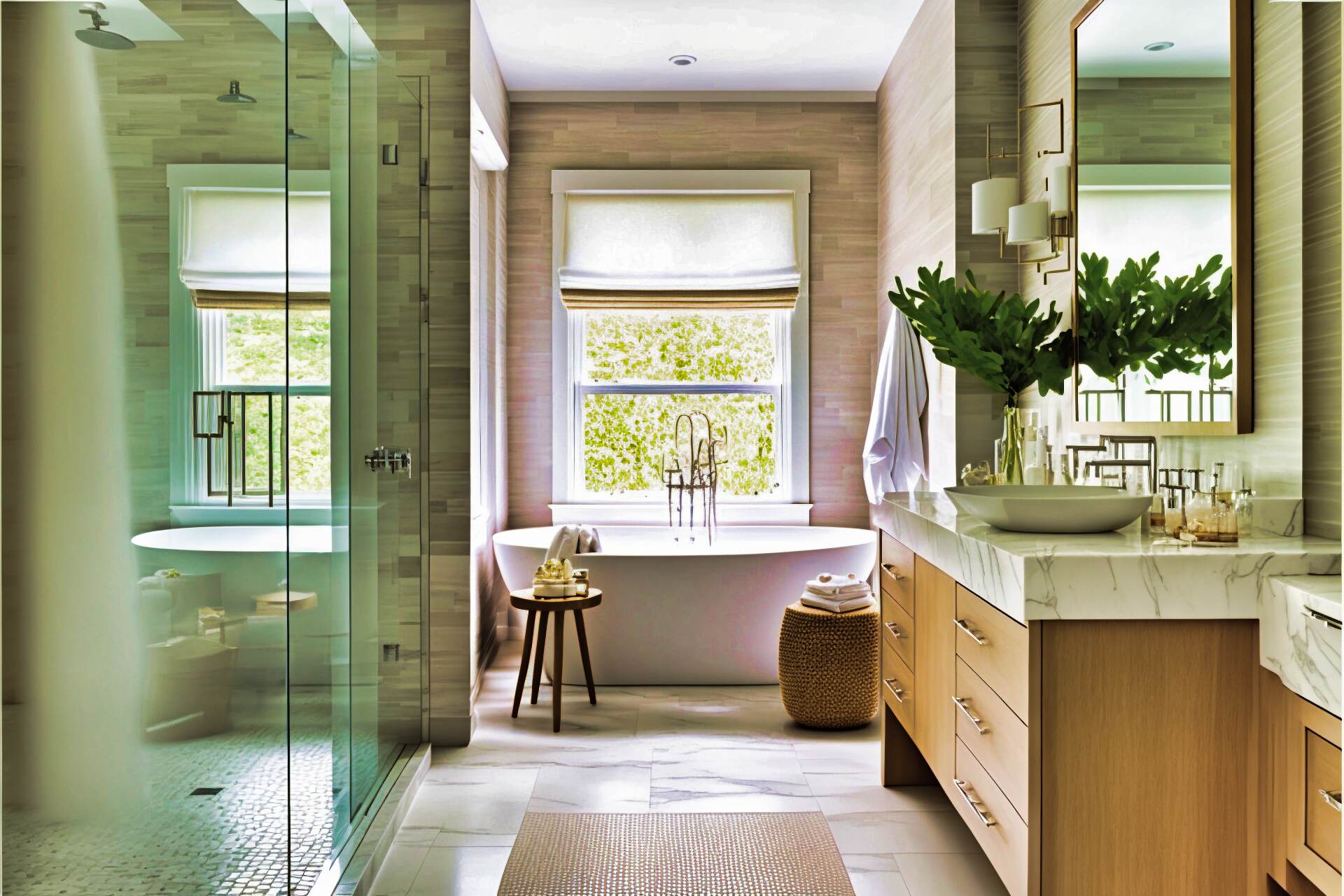 A Modern Bathroom With A Spa-Like Aesthetic. The Space Features A Freestanding Soaking Tub, A Large Walk-In Shower With A Rainfall Showerhead, And A Double Vanity With A Marble Countertop. The Floors Are A Light Wood-Look Tile, And The Walls Are White Subway Tile With A Mix Of Natural Stone Accents. The Room Is Illuminated By Recessed Lighting And Sconces.