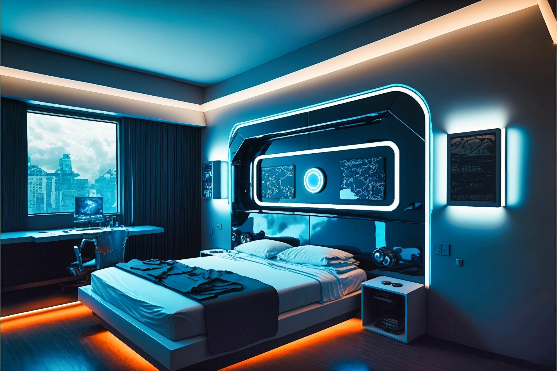 Bedroom With A Space-Age, Cyberpunk Feel. The Walls Are Painted A Deep Blue, With Silver Accents. The Center Of The Room Features A Large, Sleek Black Bed, With A Matching Bed Frame And Nightstands. The Lighting Is Low And Ambient, With A Light Strip Running Along The Walls, And A Space-Age-Style Chandelier With Multiple Led Bulbs Providing Ambient Lighting. The Floor Is An Industrial Black Tile With A Glossy Finish. Several Space-Age-Style Accessories, Such As A Robotic Arm Lamp, A Gaming Console, And A Mirror With A Digital Display, Create A Futuristic Atmosphere. The Walls Are Adorned With Space-Age Artwork, And The Overall Effect Is One Of Modern, High-Tech Luxury.