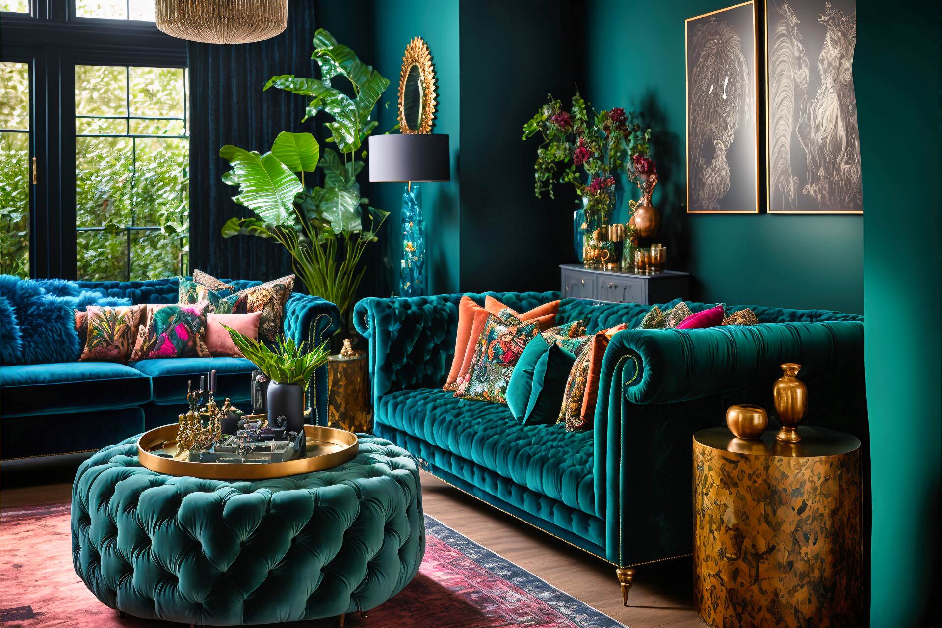 A Grandiose Maximalist Style Living Room - Leisurely Entertain Guests With This Vibrant And Inviting Maximalist Style Living Room. Deep Teal Walls Make A Backdrop For The Sophisticated Mix Of Textures And Colors, Including A Velvety Brown Velvet Sofa, Emerald Green Armchair, Oil-Wheel Patterned Ottomans, And A Dazzling Crystal Chandelier Hanging Above. On The Right Side Of The Room Stands A Large, Black Television That Glows Against The Walls. A Glossy White Round Coffee Table Keeps The Space Unified And Completes The Look Of Grandiose Charm.