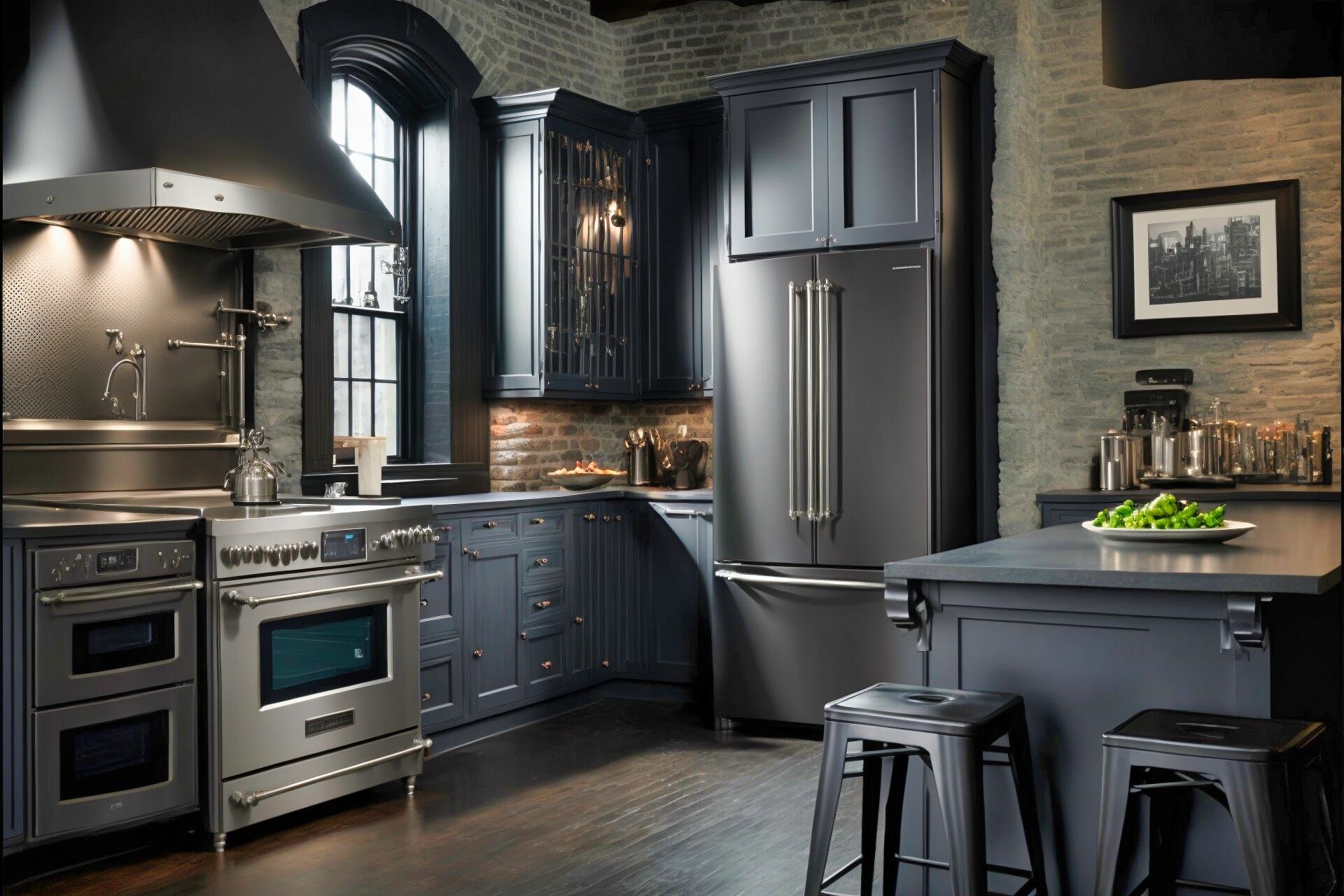 Steel And Stone Black And Gray Kitchen With Steel Appliances