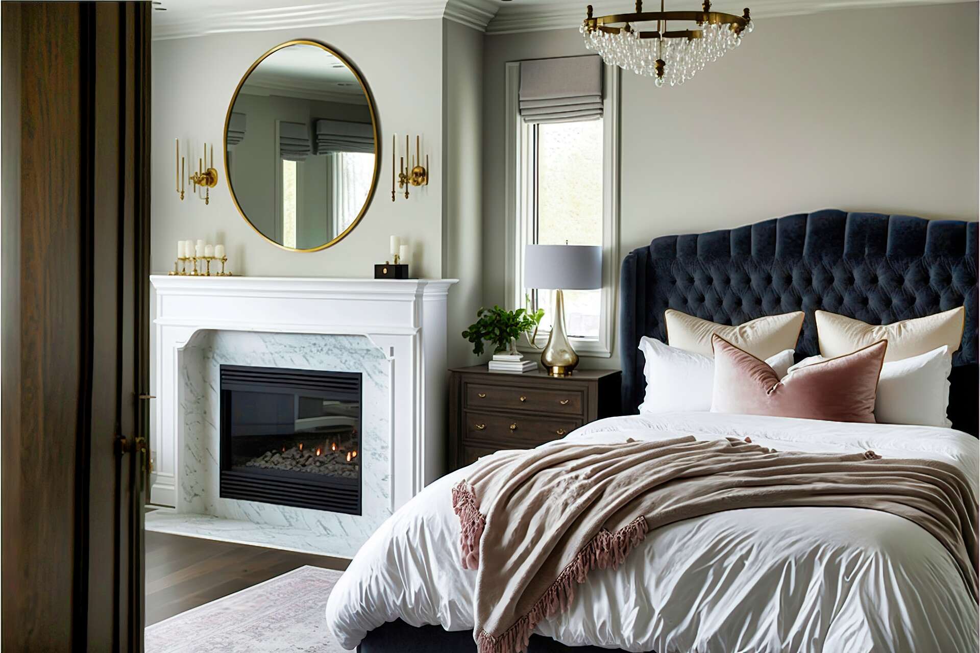 Stylish Transitional Bedroom With Upholstered Bed And Warm Wood Accents U