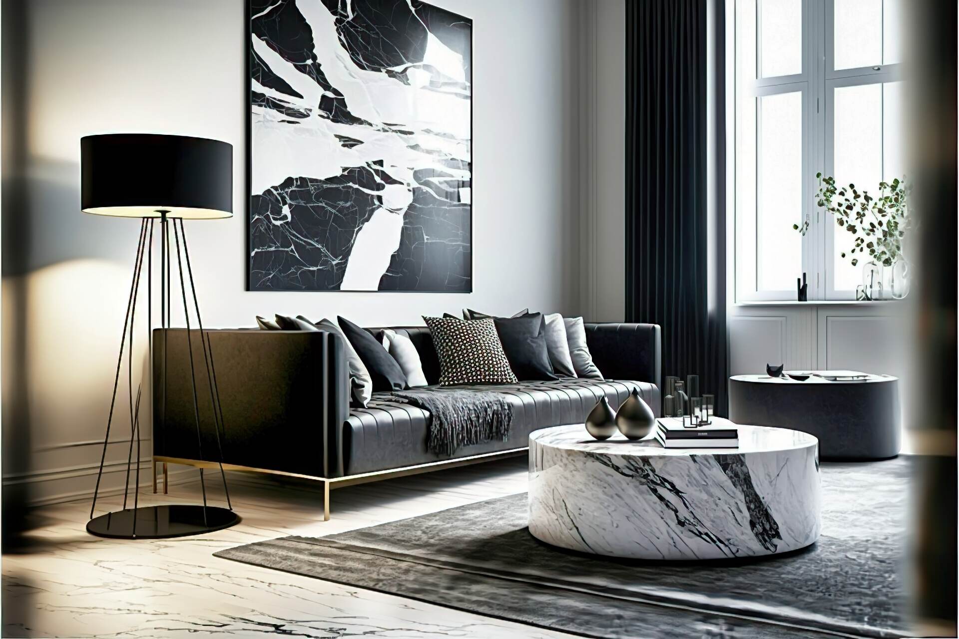 A Modern Living Room In Shades Of Black And White, With A Sleek Marble Coffee Table And A Large Black Velvet Sofa. A Contemporary Rug On The Floor And A Floor Lamp With A Black Shade. A Few Art Pieces On The Wall, And A Few White Cushions On The Sofa, Complete The Look.