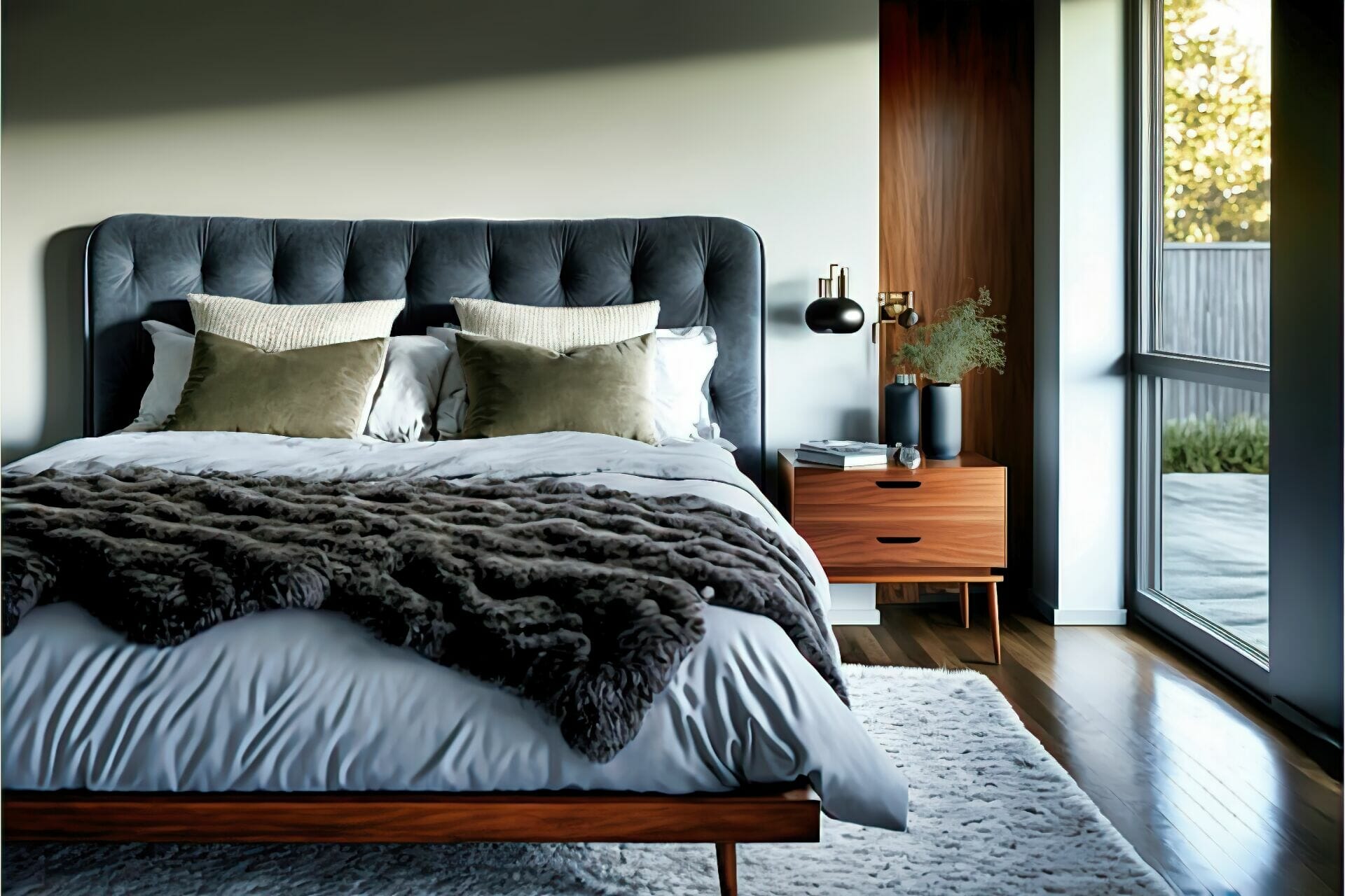 Mid-Century Modern Bedroom – A Sophisticated Modern Bedroom Featuring A Low-Profile Bed Frame With A Velvet Headboard, A Wood And Metal Nightstand, And A Gray Shaggy Area Rug.