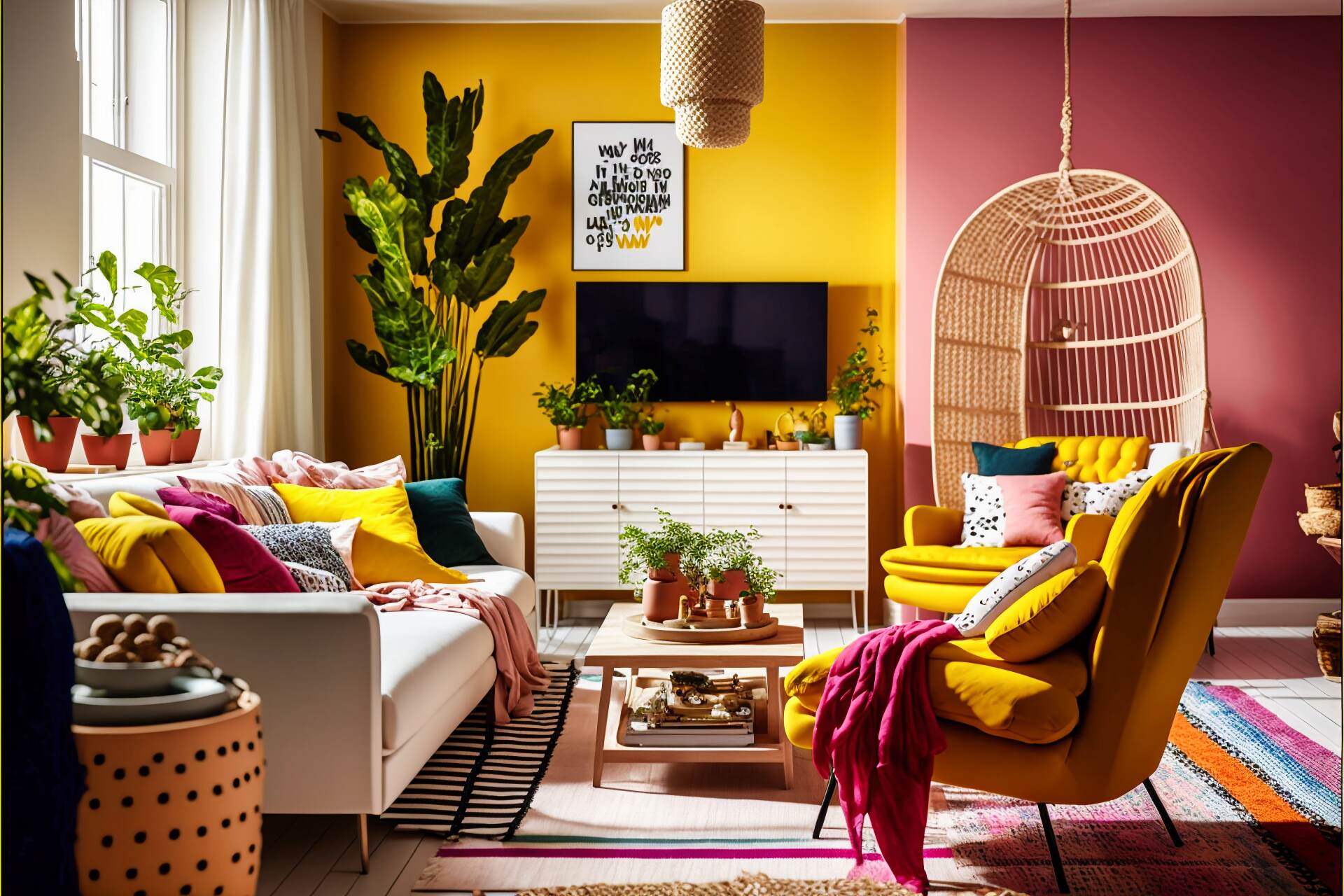 Bright Boho Living Room - Sunshine Yellow And Bright White Combine To Create A Cheerful Atmosphere In This Maximalist Living Room. An Inviting White Linen Sofa Is Accompanied By Two Fuzzy Pink Armchairs For A Vibrant Boost. A Boho-Style Woven Rug Brings In Texture And A Natural Element, While A Bright Yellow Wall-Mounted Tv Adds A Hint Of Contrast. Plants, Candles, Books, And Artwork Create A Lively, Eclectic Feel.