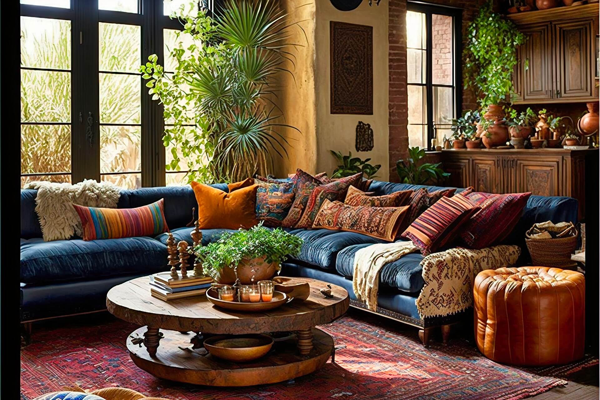 This Bohemian Living Room Is A Study In Textural Contrasts. A Vintage Moroccan Rug Anchors The Space, While A Mix Of Plush Velvet And Woven Furniture Pieces Add Depth And Interest. A Large Woven Wall Hanging Serves As The Focal Point, While A Collection Of Colorful Pottery And Lush Greenery Add A Touch Of Bohemian Flair.