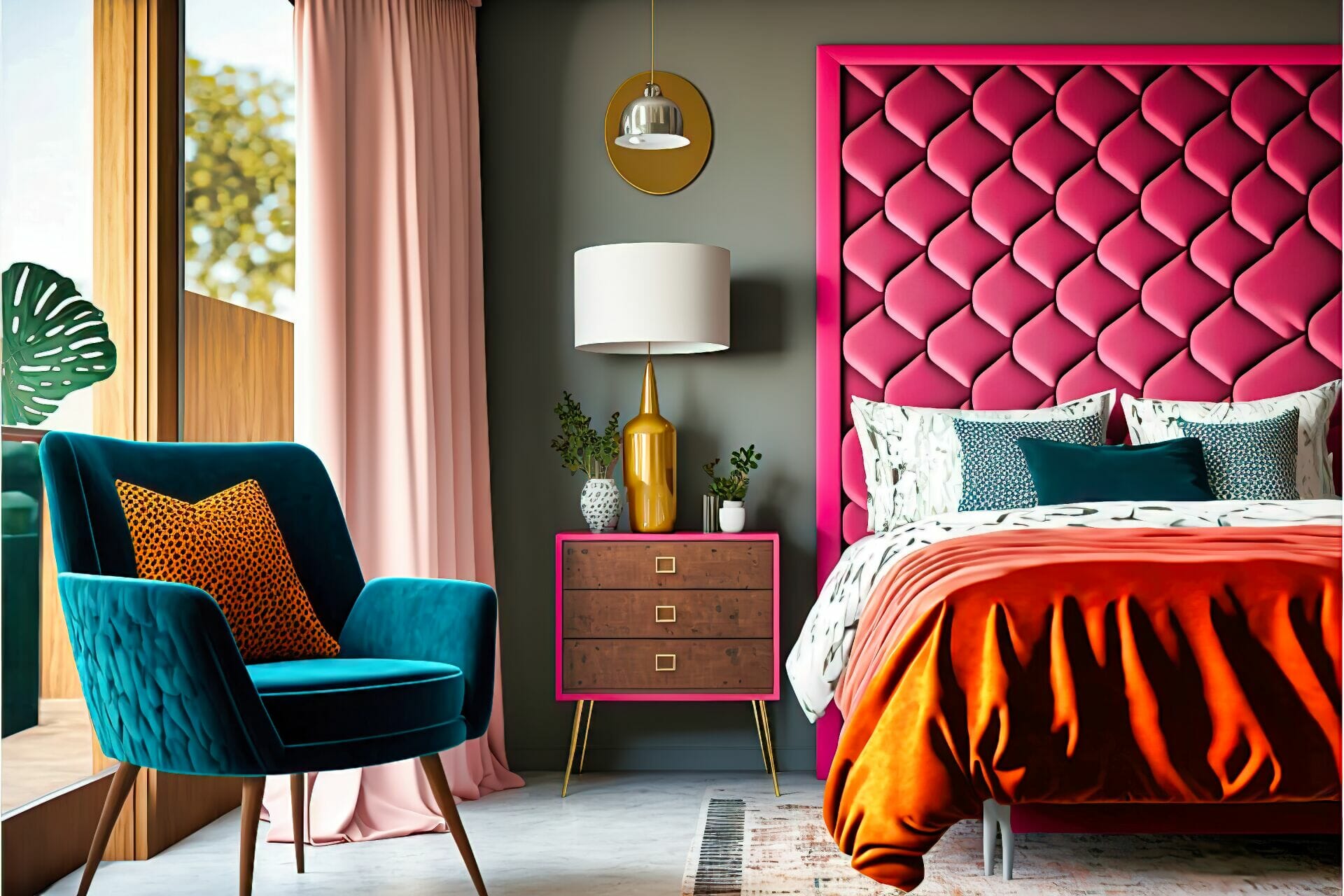 Mid-Century Modern Bedroom – A Vibrant Modern Bedroom Featuring A Velvet Headboard With A Bold Geometric Pattern, A Bright Pink Armchair, And A Macrame Wall Hanging.