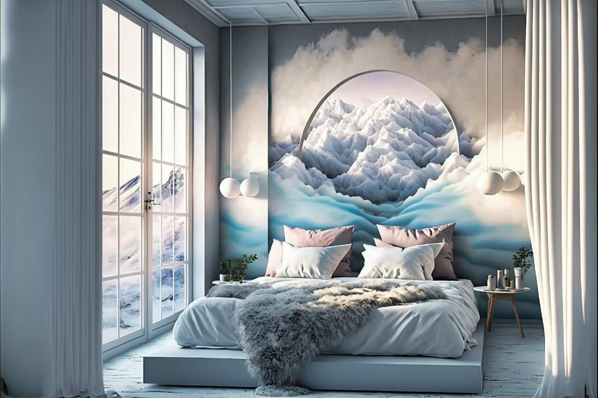 Futuristic Style Bedroom With A Soft And Airy Feel: This Bedroom Features A Dreamy, Airy Atmosphere With Walls, Furniture, And Accents In Shades Of White And Grey. The Bed Is Surrounded By Fluffy White Pillows, And The Walls And Ceiling Are Painted A Soft, Cloudy Blue.