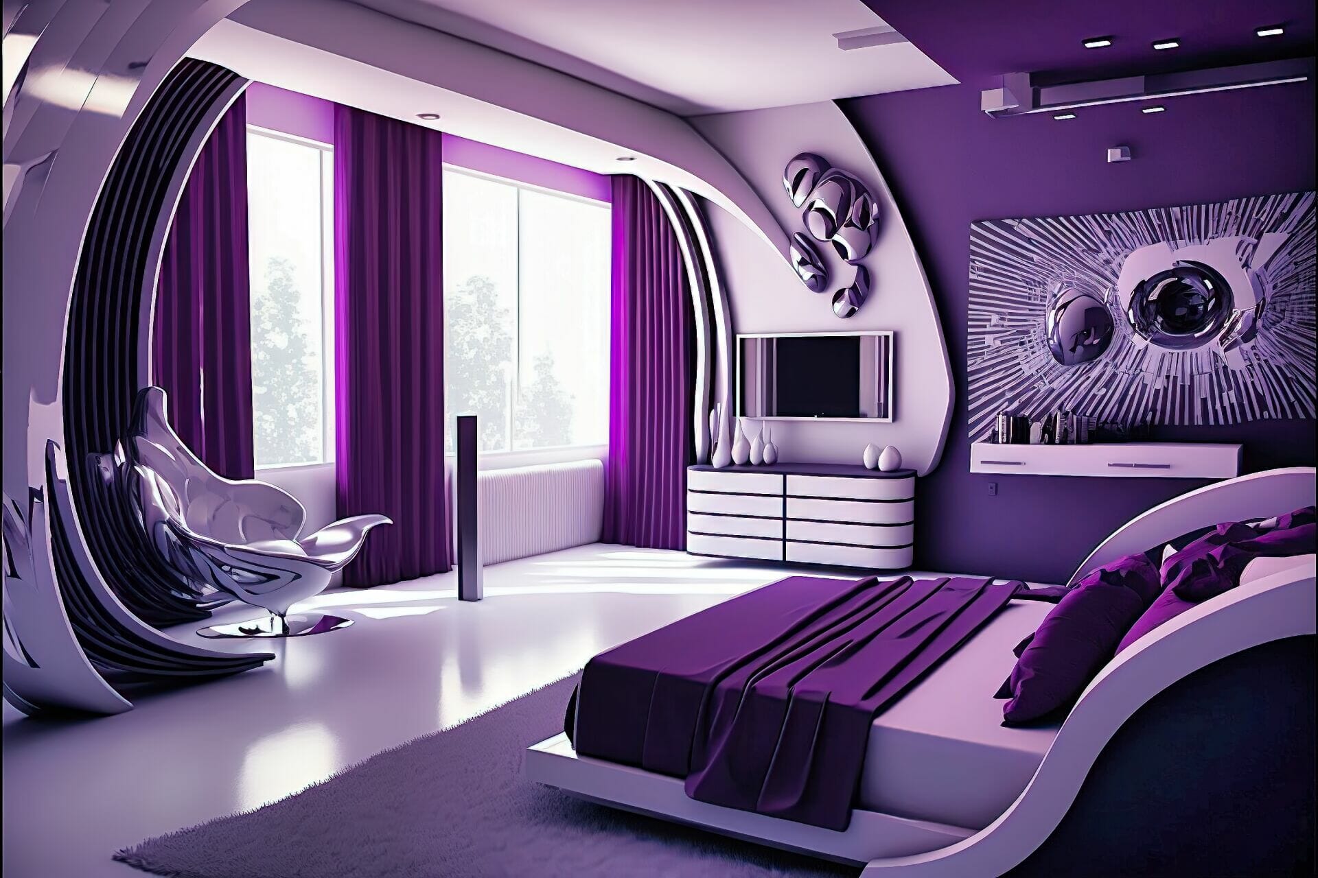 Futuristic Bedroom Featuring Bold Color And Sleek Lines: This Dynamic Bedroom Features Bold Purple Walls And Black, White, And Chrome Accents. A Large, Curved Bed Is The Centerpiece, And Is Surrounded By Sleek, Chrome Furniture Pieces And Vibrant Purple And Chrome-Accented Decor.