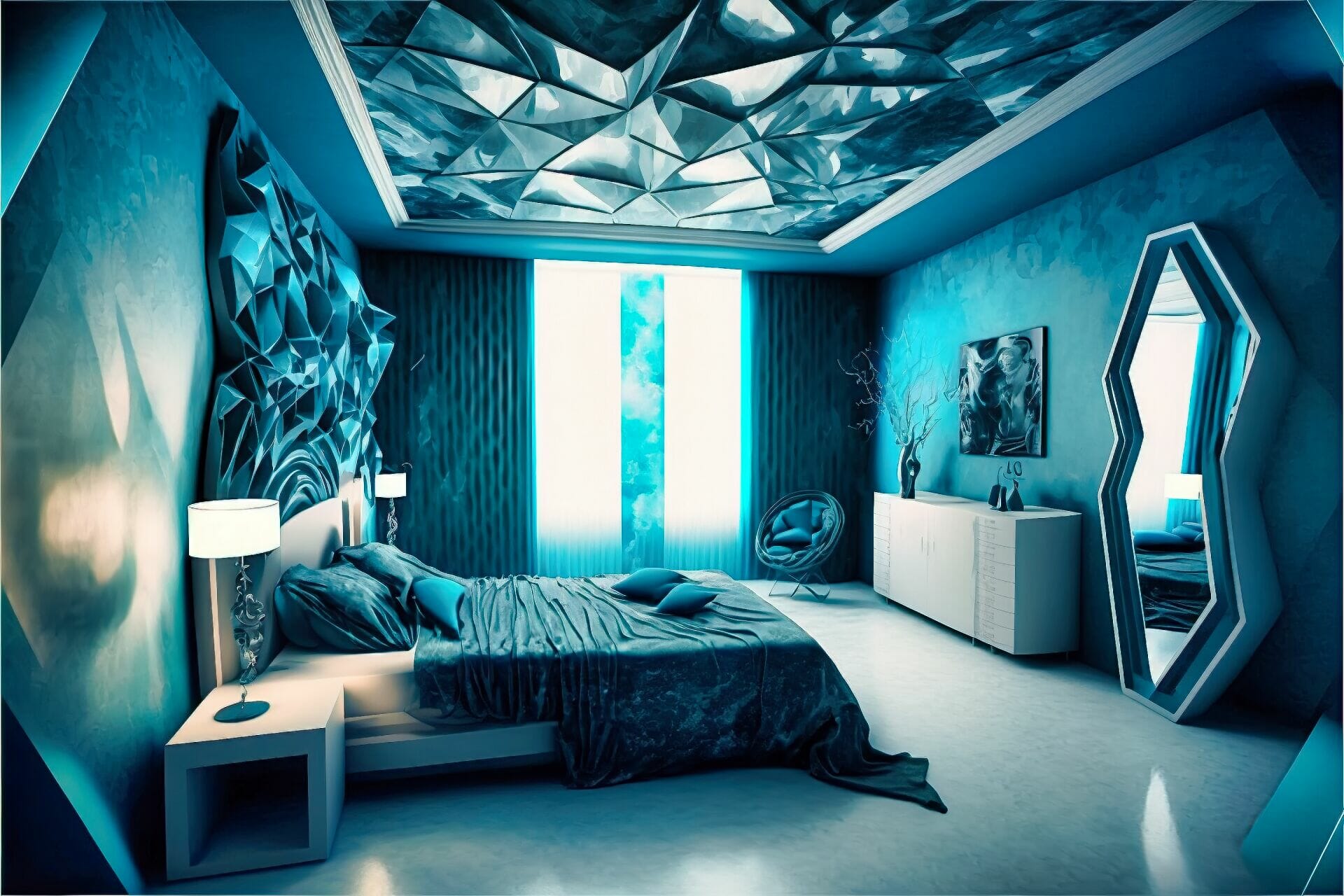 Futuristic Style Bedroom With A Futuristic Feel: This Bedroom Features A Futuristic Feel, With Its Bold Walls And Furniture Pieces In Shades Of Blue And Silver. A Variety Of Holographic Accents Add To The Look, While The Ceiling Is Painted A Deep Blue Hue.