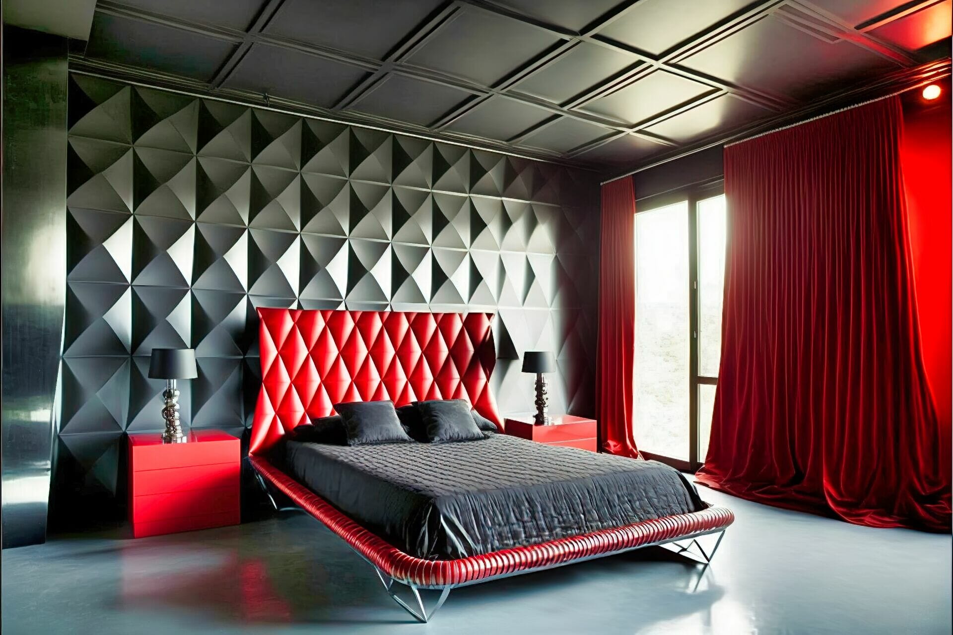 Futuristic Style Bedroom With A Bold And Edgy Look: This Edgy Bedroom Features Bold And Industrial Elements, Including A Large Bed With A Tufted Headboard And A Variety Of Steel And Chrome Furniture Pieces. The Walls And Ceiling Are Painted A Vibrant Red, And The Floor Is Made Up Of Sleek Black Tiles.