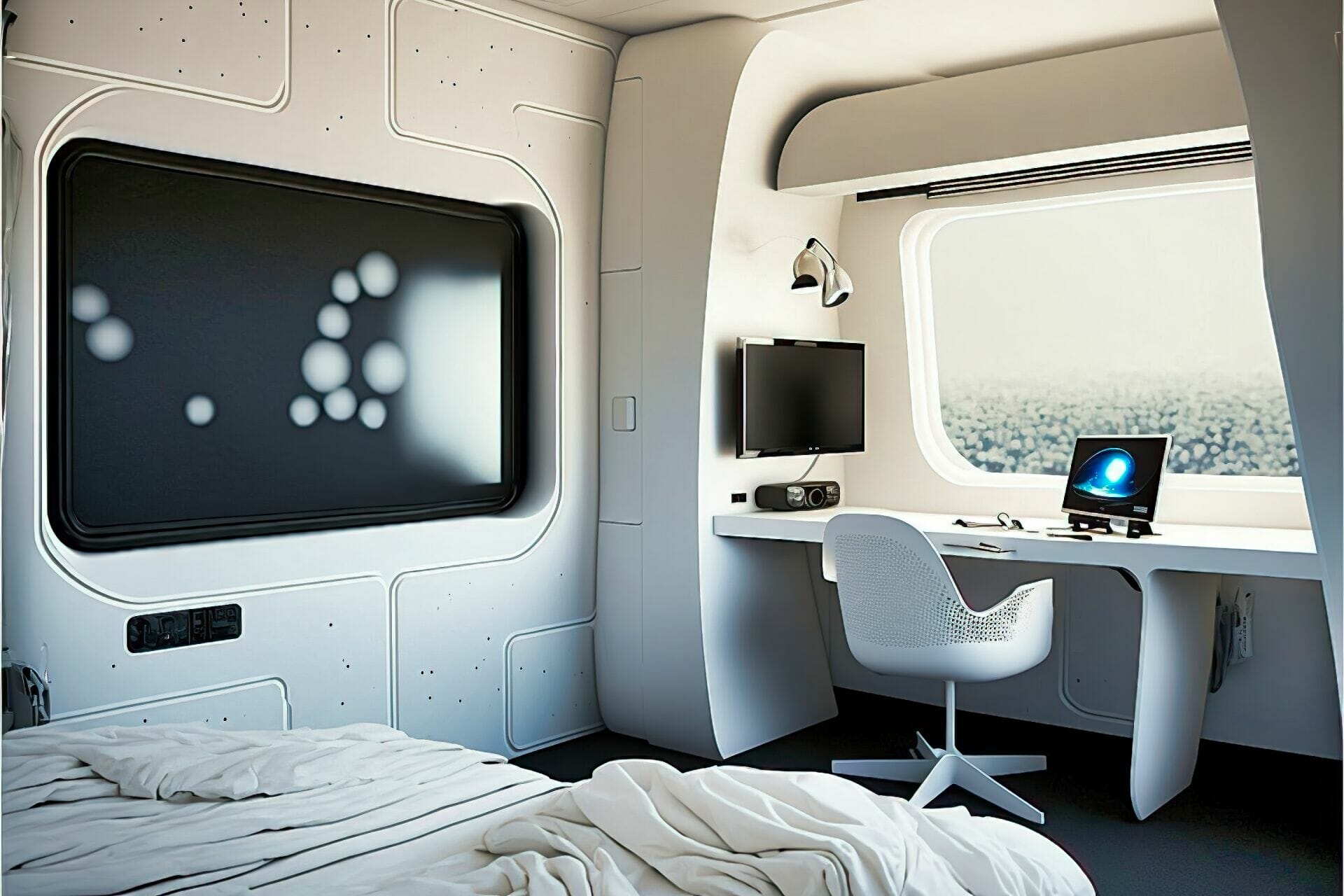 Futuristic Style Bedroom With High-Tech Touches: This Bedroom Features Modern Touches Like A Large, Built-In Wall Monitor, A Sleek Desk And Chair, And A Sleek Bed With A High Tech Headboard. The Walls And Ceiling Are Painted A Bright White, And The Floor Is Made Up Of Sleek Black Tiles.