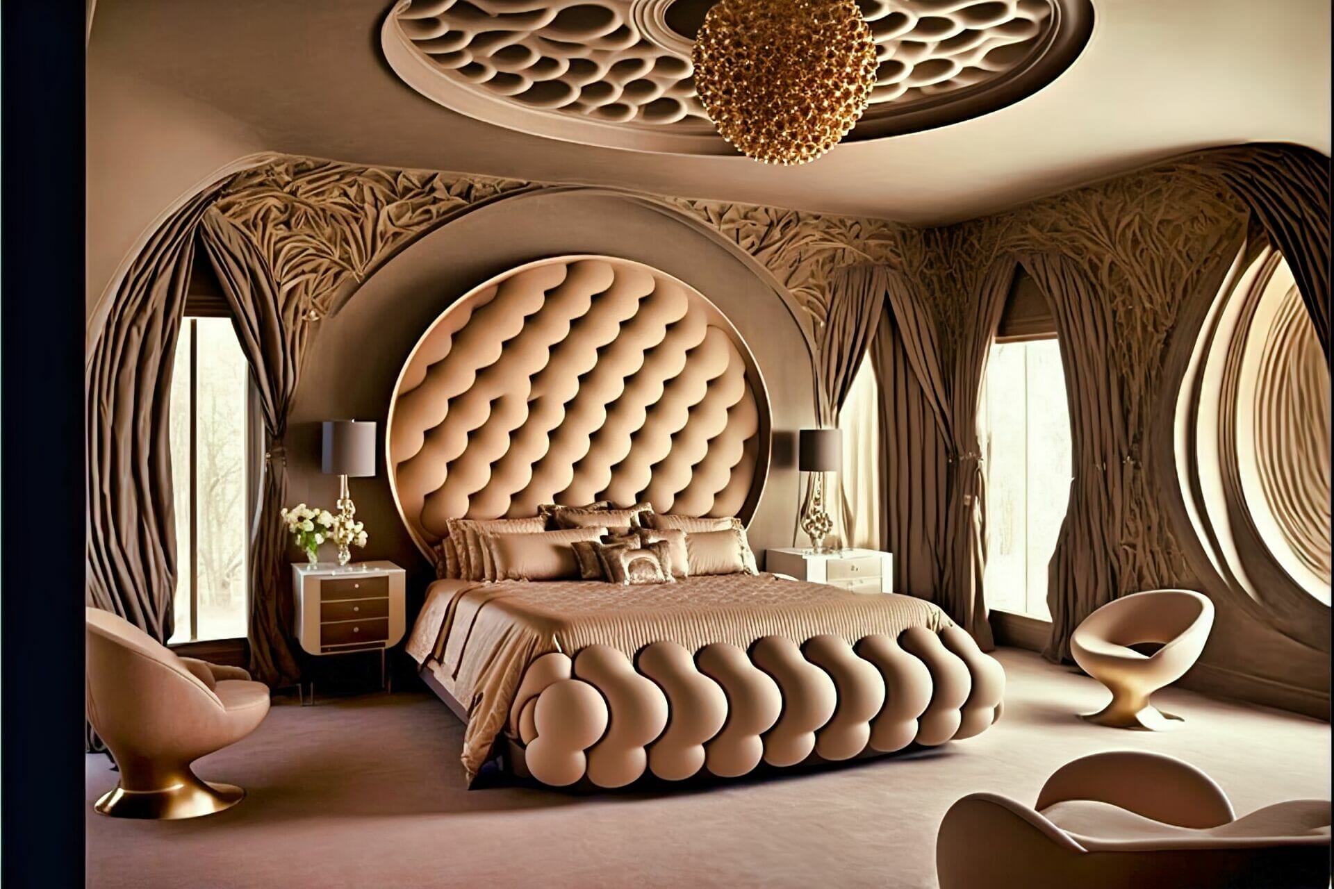 Futurious Style Bedroom With A Relaxing Atmosphere: This Bedroom Features Luxurious Furniture Pieces And Accents, Including A Large Bed With A Tufted Headboard And A Variety Of Gold And Silver Furniture Pieces. The Walls And Ceiling Are Painted A Warm Taupe, And The Floor Is Made Up Of Plush Carpeting.