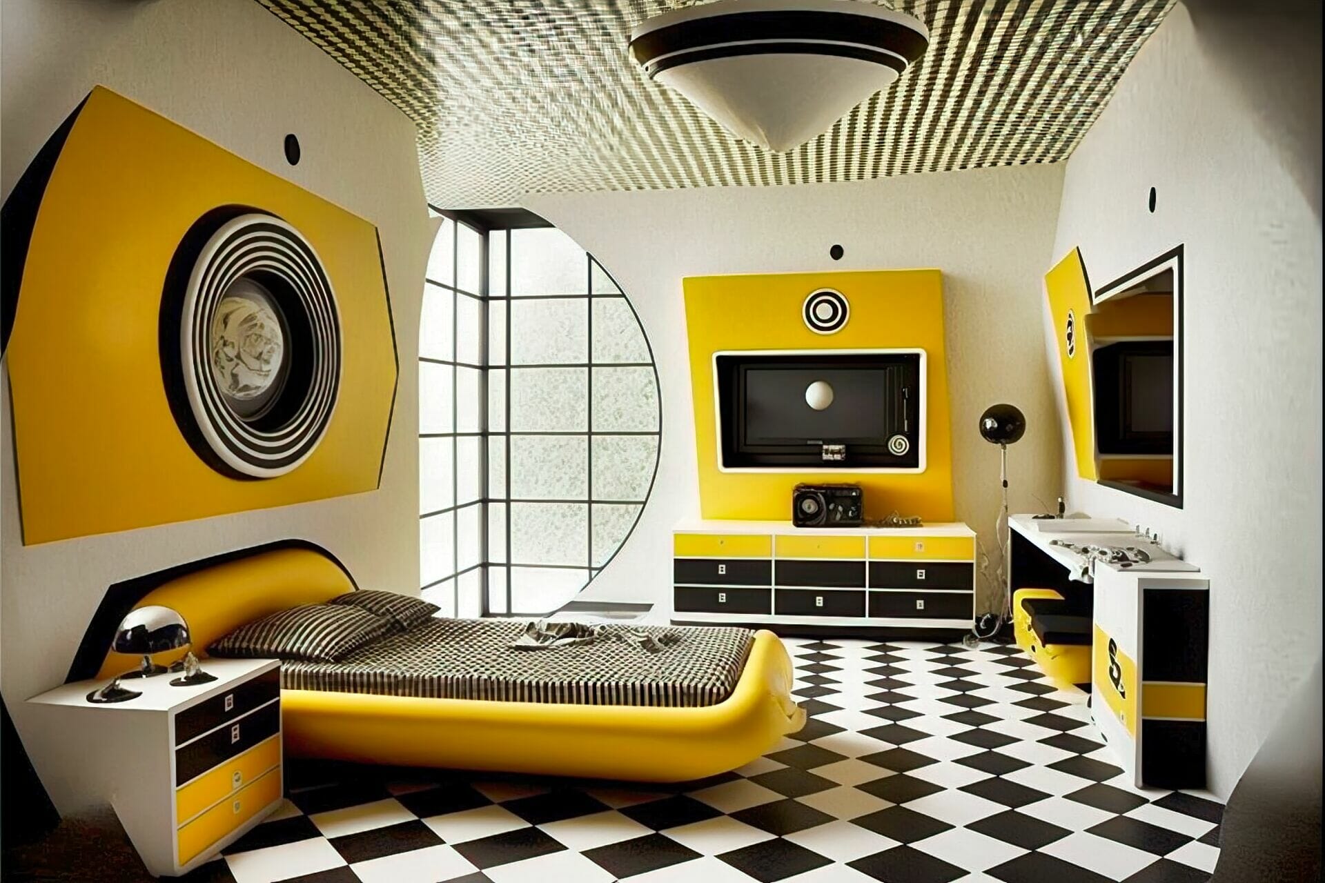 Futuristic Style Bedroom With A Vintage Feel: This Bedroom Features A Fun And Unique Combination Of Vintage And Futuristic Elements. The Walls And Ceiling Are Painted A Bright Yellow, And The Floor Is Made Up Of Checkered Black And White Tiles. A Variety Of Vintage Furniture Pieces And Accents Add To The Look.
