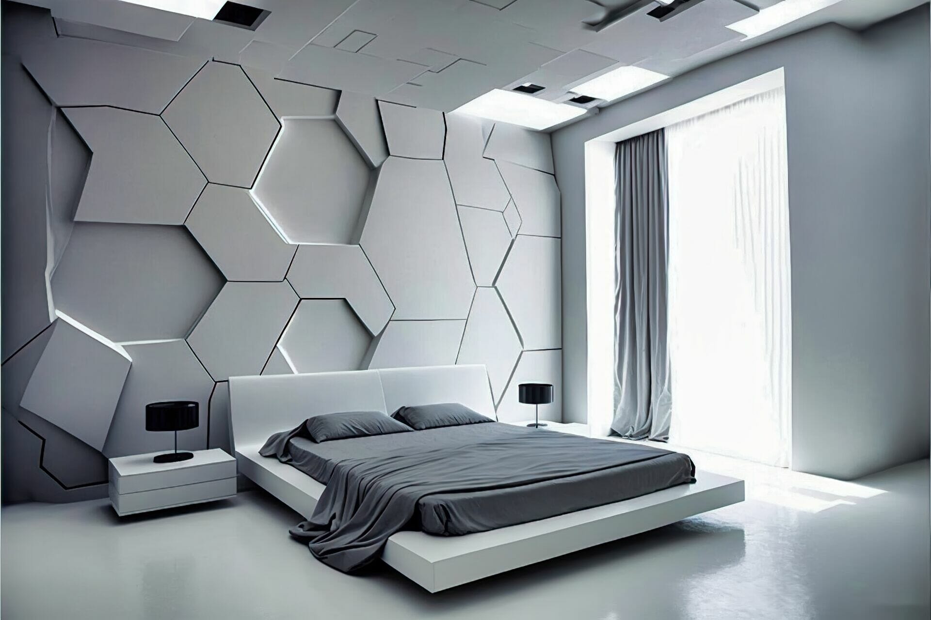 Futuristic Style Bedroom With Minimalistic Touches: This Bedroom Features A Sleek White Bed, Minimalistic Furniture Pieces, And A Variety Of White And Grey Accents. The Walls And Ceiling Are Painted A Bright White, And The Floor Is Made Up Of Sleek Grey Tiles.