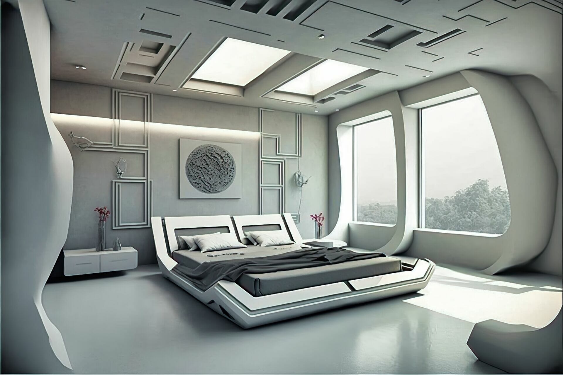 Futuristic Style Bedroom With A Modern Touch: This Bedroom Is Sleek And Modern, With A Large Bed And A Variety Of Modern Furniture Pieces. The Walls And Ceiling Are Painted A Bright White, And The Floor Is Made Up Of Sleek Grey Tiles.