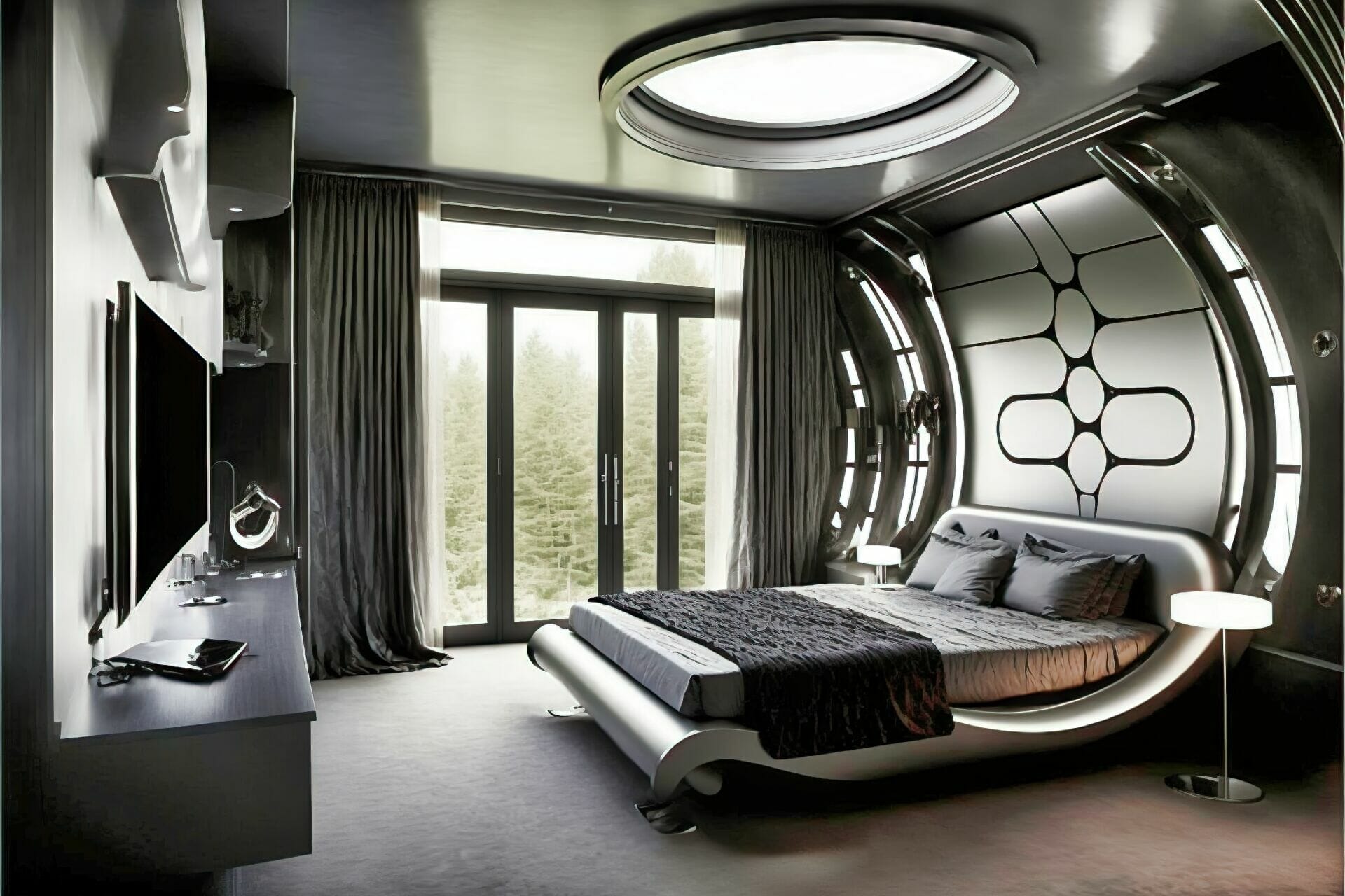 Futuristic Style Bedroom With A Sleek Metallic Finish: Sleek And Modern, This Bedroom Is Outfitted With Luxurious Metal Fixtures, A Large Bed With Plush Bedding, And A Variety Of Metal Furniture Pieces. The Walls And Ceiling Are Painted A Glossy Silver, And The Flooring Is Made Up Of Sleek Black Tiles. Large, Dramatic Windows Offer Views Of The Star-Filled Night Sky.