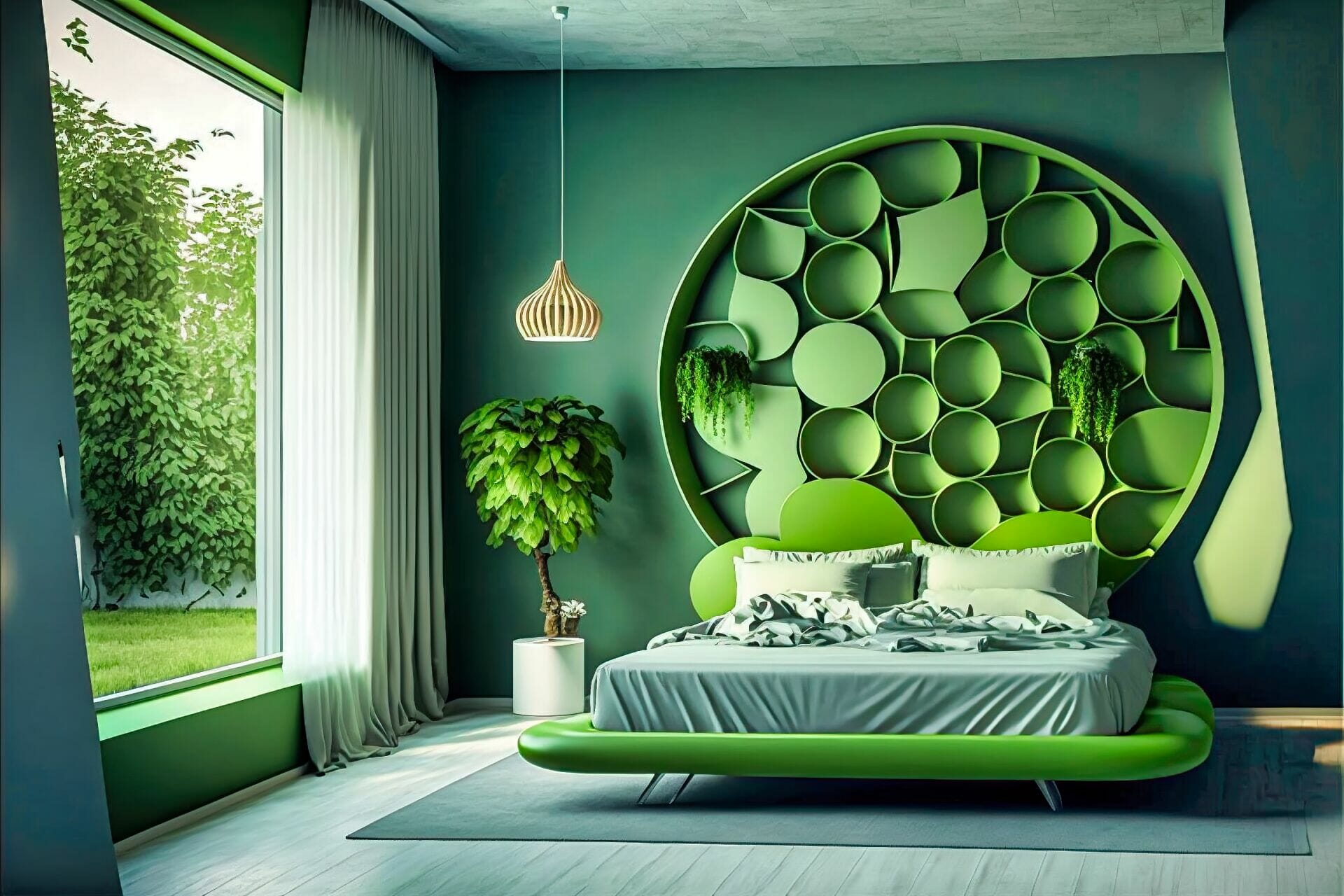 Futuristic Style Bedroom With A Relaxing Atmosphere: This Bedroom Is Perfect For Relaxation, With Its Soothing Green Walls, Plush Furniture, And Natural Wood Accents. The Bed Is Surrounded By Lush Plants And Greenery, While The Floor Is Made Up Of Soft Wood Tiles.
