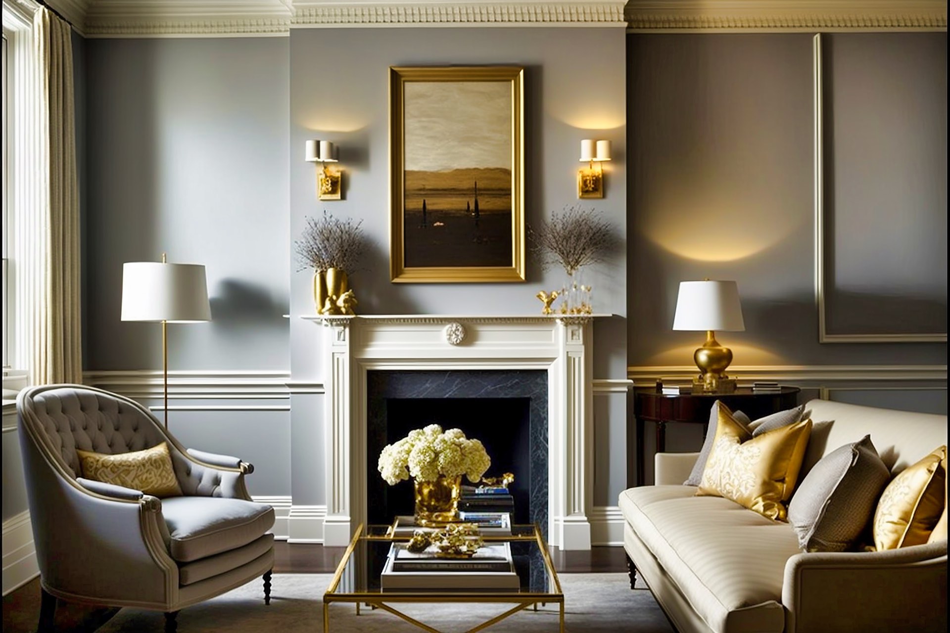 Traditional Gray Gold Living Room