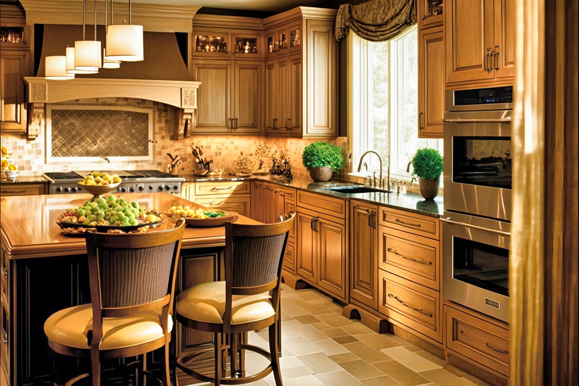 A Timeless, Classic Kitchen With Light Oak Cabinetry, A Ceramic Tile Backsplash, And A Large Wood-Topped Island.