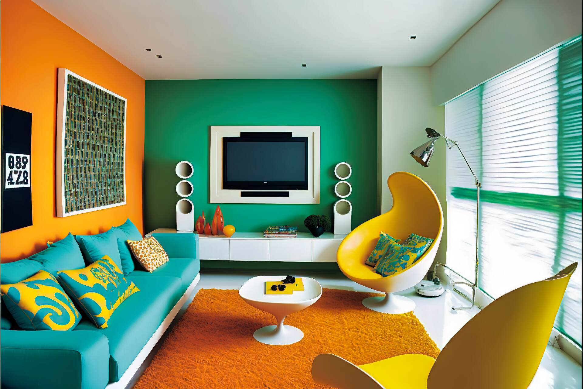 A Vibrant Futuristic Style Living Room With A Tropical Twist. The Walls Are Painted A Bright Yellow, With A Large Flat-Screen Tv Mounted On One Wall. A White, Modular Sofa Is Made Up Of Chaise Lounges And Armchairs. A Bright Orange Coffee Table And Blue Accent Chair Complete The Look. A Bright Green Patterned Rug Adds Texture And Colour. A Wall Of Windows Floods The Room With Natural Light.