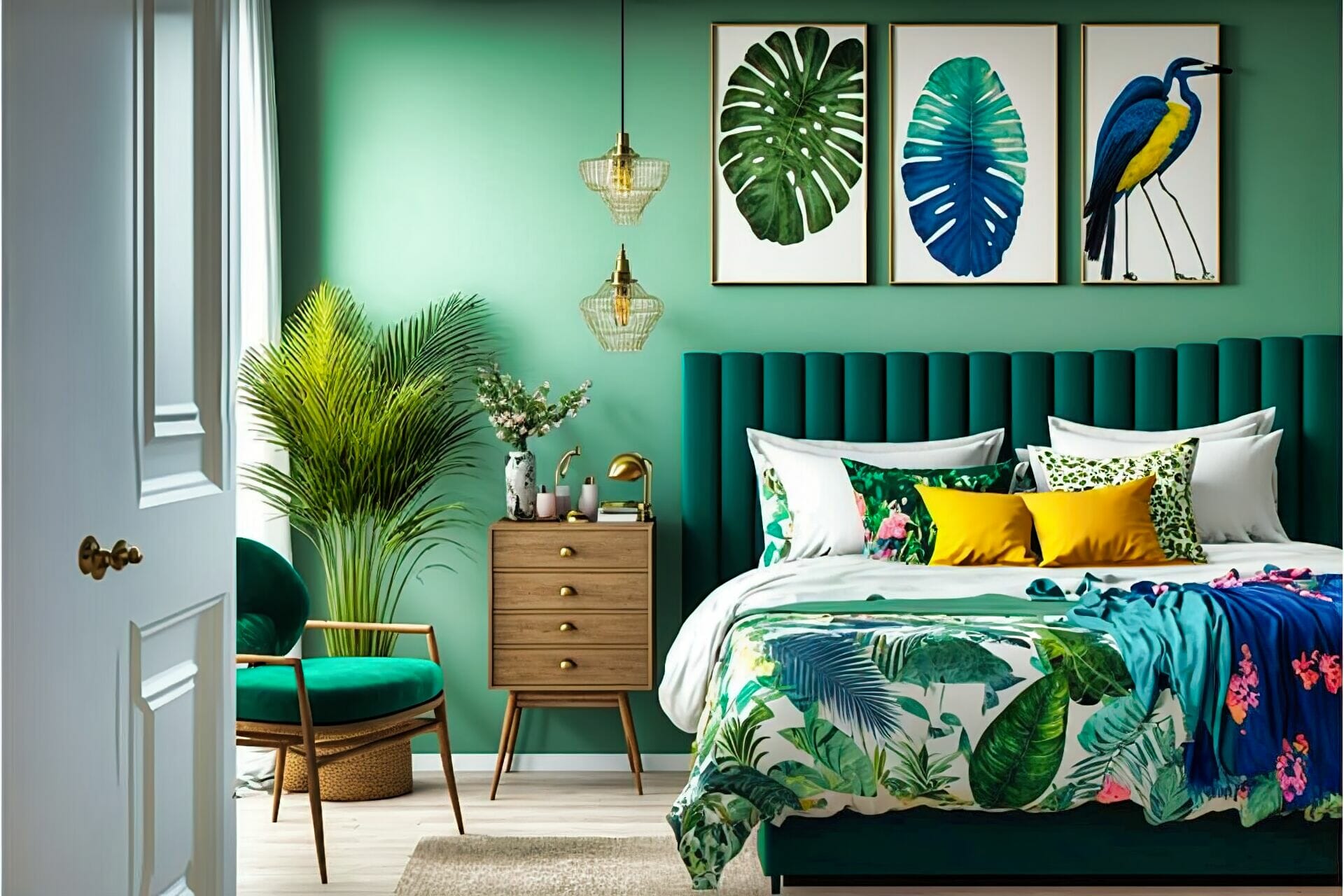 A Scandinavian Style Bedroom With Bright Tropical Accents – This Bedroom Is Decorated With A Mix Of Bright Colors And Tropical Elements. The Walls Are A Light Green, While The Bed Frame And Nightstand Are A Dark Wood. To Complete The Look, A White Fur Rug Lies On The Floor, And Art Prints With Tropical Colors Hang On The Walls.