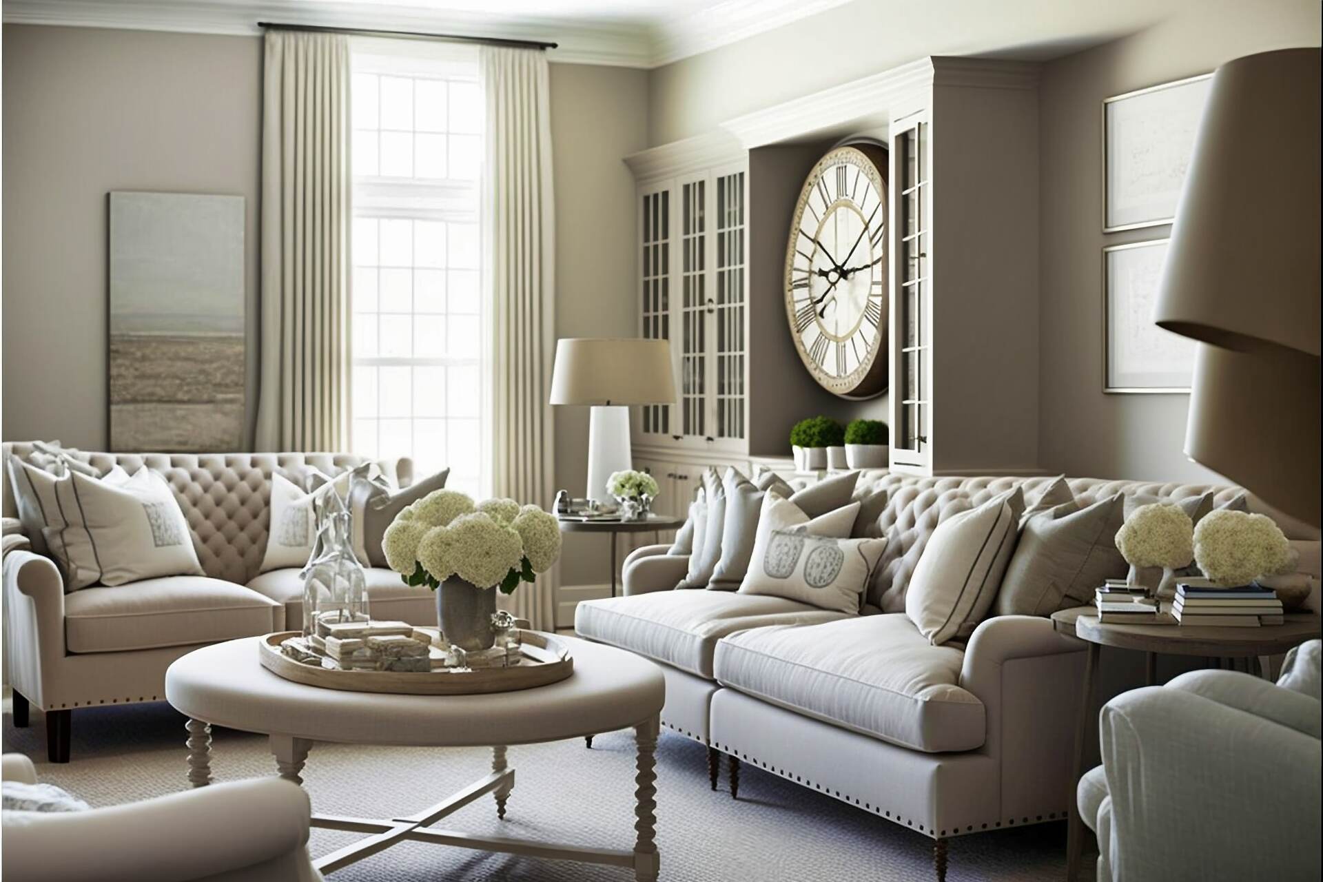 Contemporary Neutral Living Room - This Lovingly Layered Living Room Boasts A Range Of Chic, Neutral Tones, Creating A Grand And Elegant Atmosphere. An Impressive Light Gray Sofa Takes Center Stage While Two Modern Upholstered Armchairs Supply Added Seating. Scattered Books, A Woven Basket, And A Stately Clock Provide Added Detail While A Flat-Screen Tv Occupies The Wall To Provide Modern Convenience.