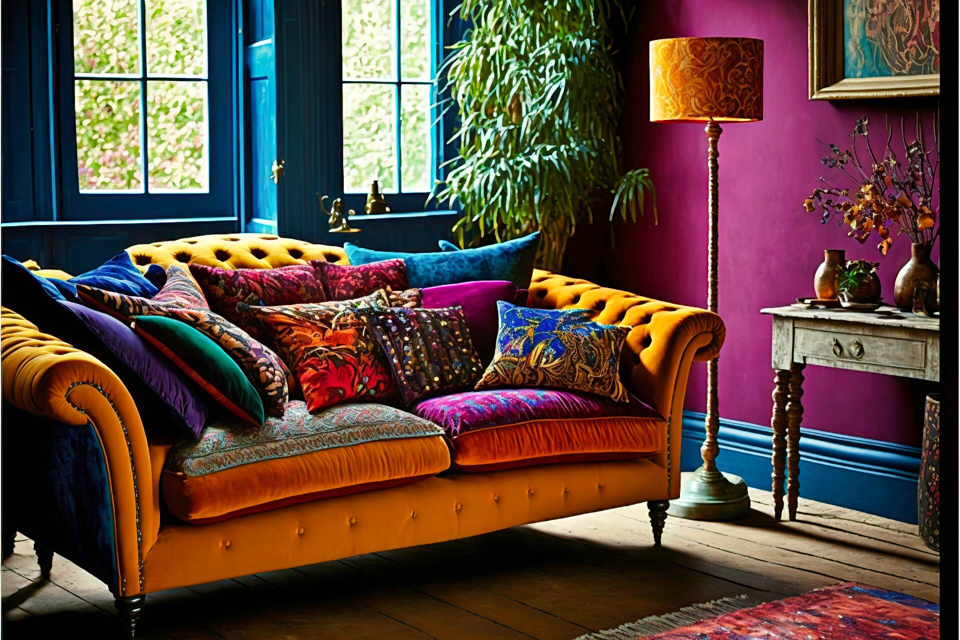 This Bohemian Living Room Features A Vibrant Color Palette, With Deep Red And Purple Hues Accented By Pops Of Bright Yellow And Orange. A Plush Velvet Sofa Sits At The Center Of The Space, Surrounded By A Mix Of Patterned Throw Pillows And Woven Textiles. A Large Woven Tapestry Hangs Above The Fireplace, Adding A Touch Of Global Inspiration To The Design.