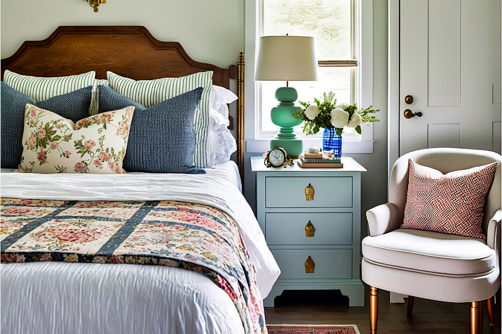 Cottage Style Bedroom With A Vintage And Eclectic Feel, Thanks To The Mix Of Antique And Modern Furnishings. A Queen Size Bed With A Simple White Headboard Is Dressed In A Cozy Bohemian Style Comforter, And A Collection Of Patterned Throw Pillows Add A Pop Of Color. A Vintage Nightstand With A Modern Brass Lamp Sits Beside The Bed, And A Mid-Century Modern Armchair In A Vibrant Fabric Provides A Unique Seating Option. A Woven Area Rug In Neutral Tones Anchors The Space, And A Collection Of Framed Vintage Posters Adds A Touch Of History.