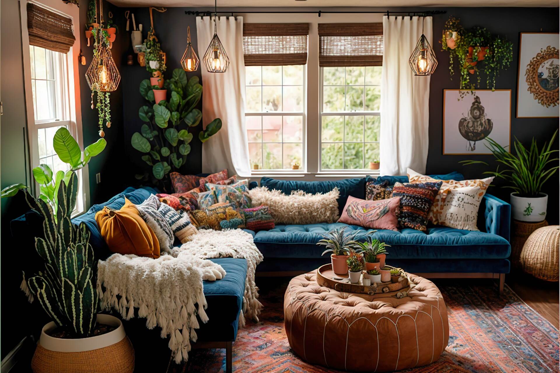 This Bohemian Living Room Is A Blend Of Vintage And Modern Design Elements. A Plush Velvet Sofa Sits At The Center Of The Space, While A Mix Of Vintage And Modern Furniture Pieces Add A Sense Of Eclecticism. A Colorful Woven Rug Anchors The Space, While A Collection Of Global-Inspired Art And Textiles Add A Touch Of Wanderlust. The Room Is Illuminated By A String Of Fairy Lights, Adding A Cozy And Warm Ambiance To The Space.