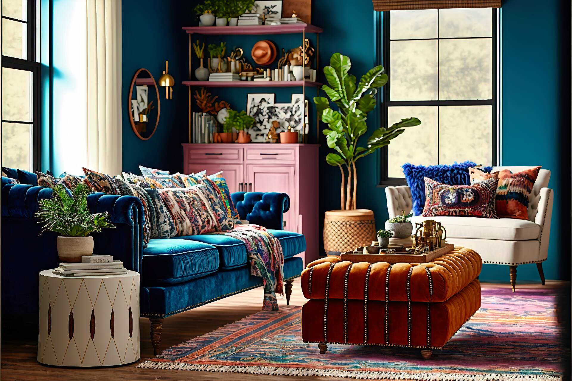 This Bohemian Living Room Is All About Global-Inspired Elegance. A Plush Velvet Sofa Sits At The Center Of The Space, While A Mix Of Vintage And Modern Furniture Pieces Add A Sense Of Eclecticism. A Colorful Woven Rug Anchors The Space, While A Collection Of Global-Inspired Art And Textiles Add A Touch Of Wanderlust.