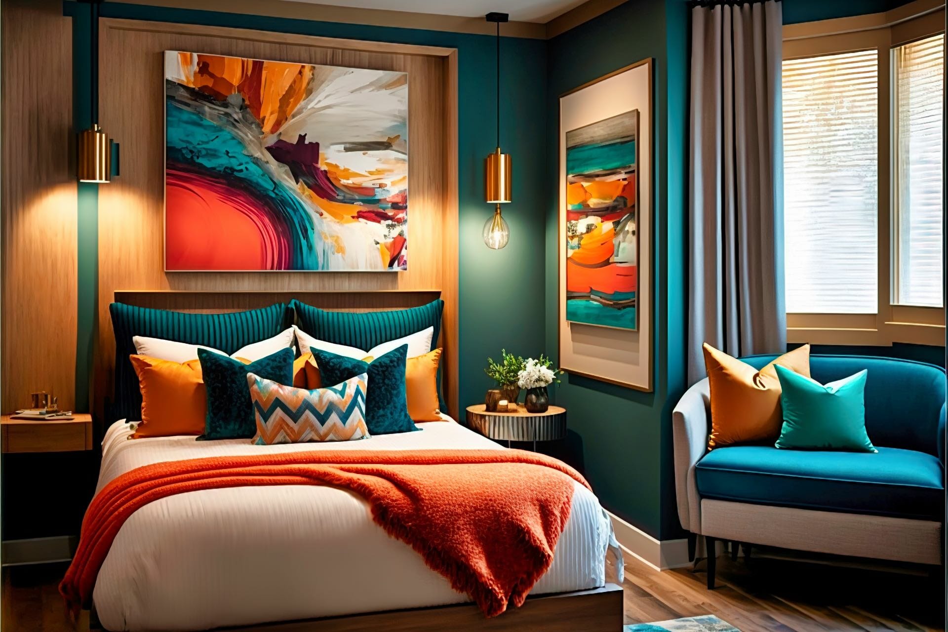 Warm Modern Bedroom With Abstract Art Upscale