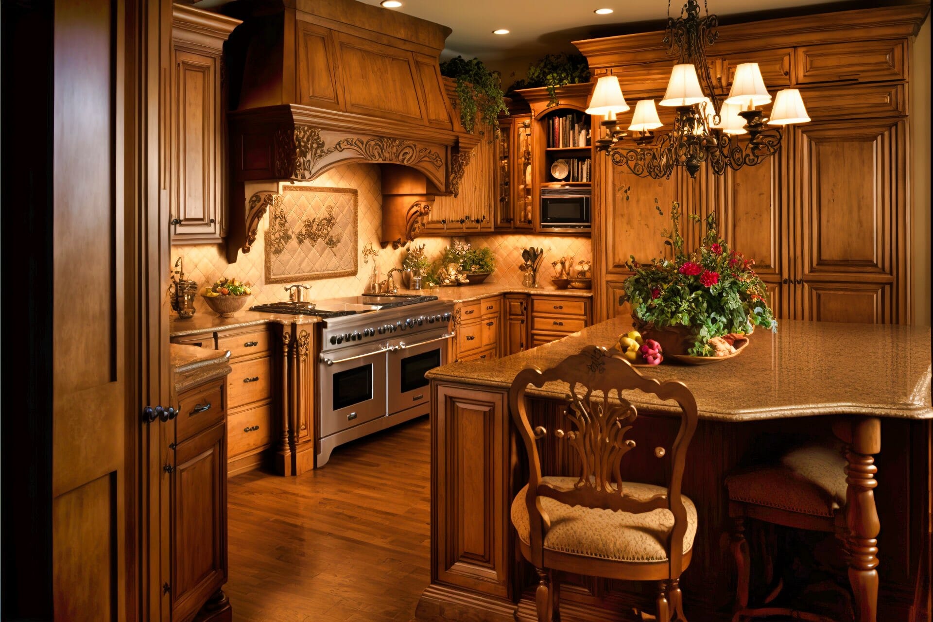A Cozy, Homey Kitchen With Warm Oak Cabinetry, A Textured Backsplash, And An Ornate Chandelier.