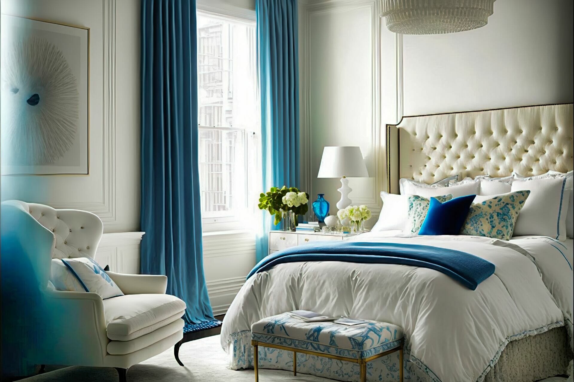 Dieses Helle Und Luftige Mediterrane Schlafzimmer Hat Ein Weißes Bettgestell Mit Blauem Kopfteil. Weiße Vorhänge Umrahmen Das Bett Und Ein Weißer Zottelteppich Sorgt Für Ein Luxuriöses Ambiente. Ein Weiß-Blauer Sessel Und Eine Ottomane Laden Zum Entspannen Ein.