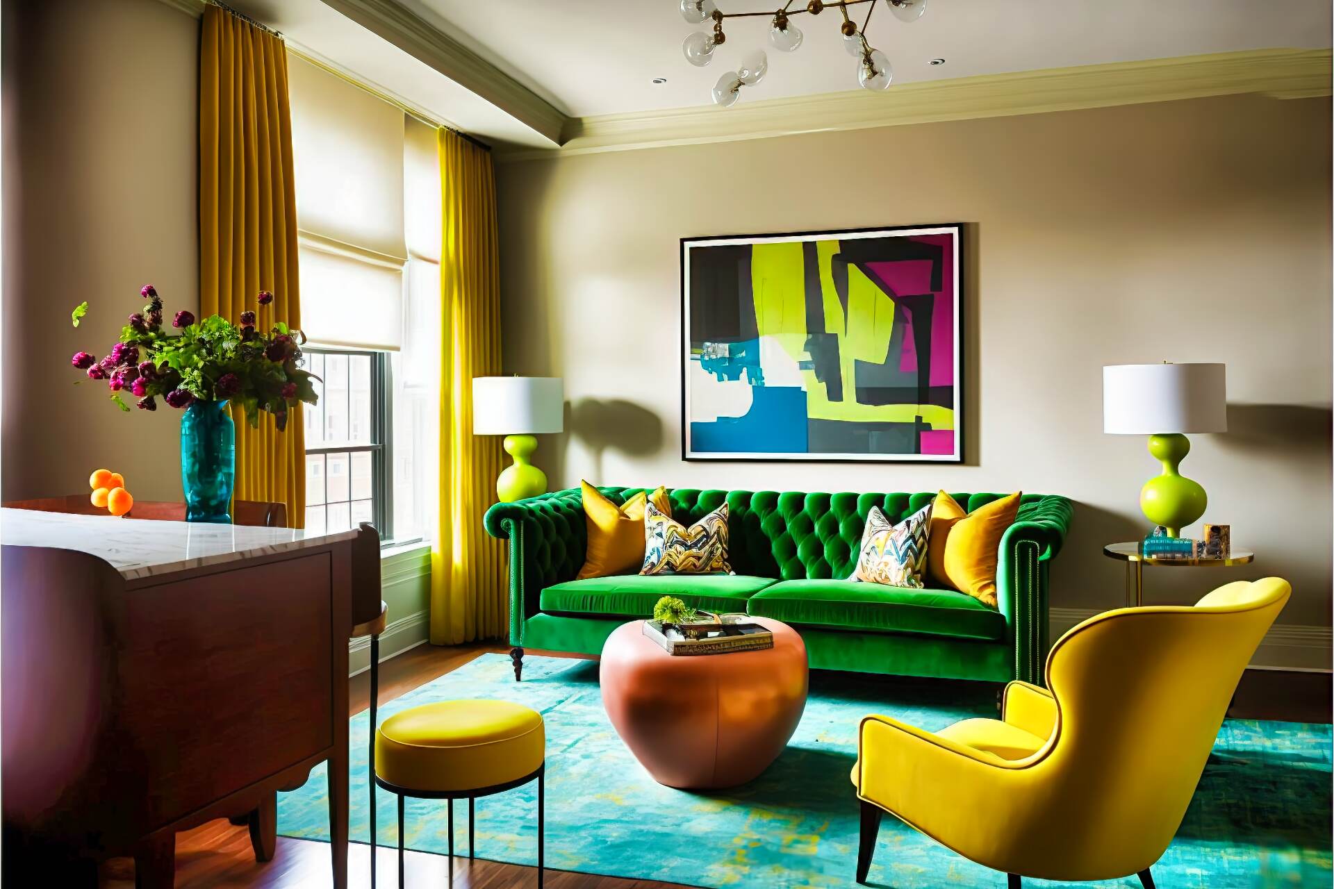 This Modern Eclectic Living Room Features An Eclectic Mix Of Furniture, From A Colorful Armchair To A Vintage Side Table. A Large Green Sofa Brings A Vibrant Touch To The Room, While A Wooden Coffee Table And A Bright Yellow Rug Add Contrast. A Large Abstract Painting Provides The Perfect Backdrop To The Room.