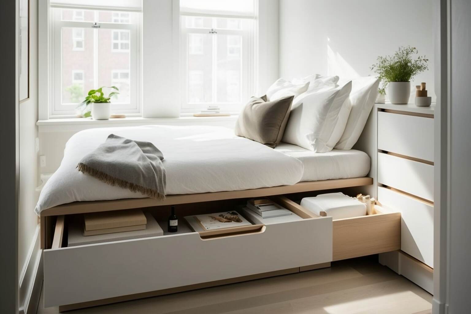 A Bed With Built In Storage Compartments Underneath