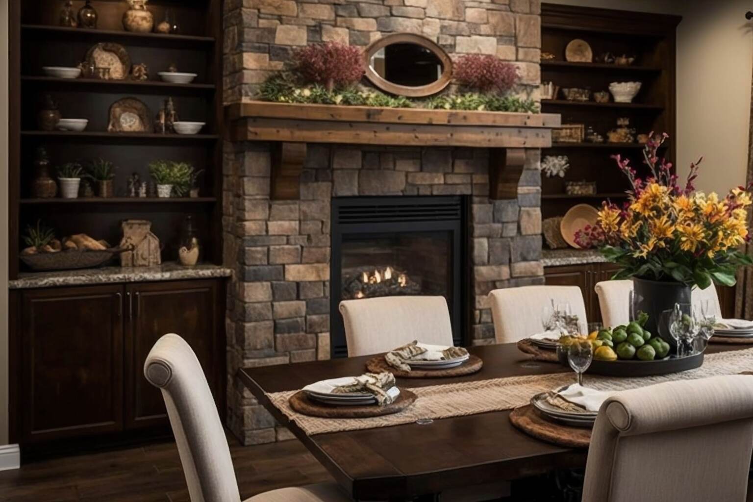 A Dining Room With A Large Stone Fireplace As The Focal Point