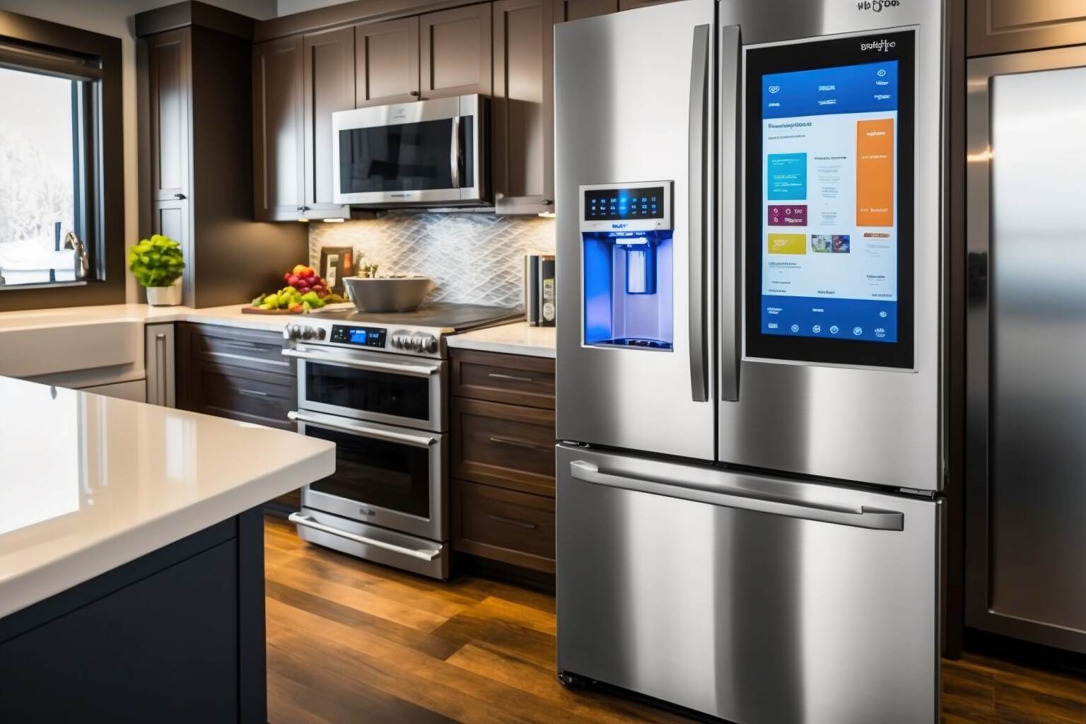 A Kitchen With A Smart Home Device That Controls The Temp And More