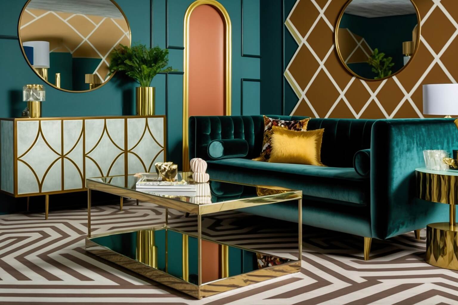 Ein Wohnzimmer Mit Art Deco Inspiriertem Design